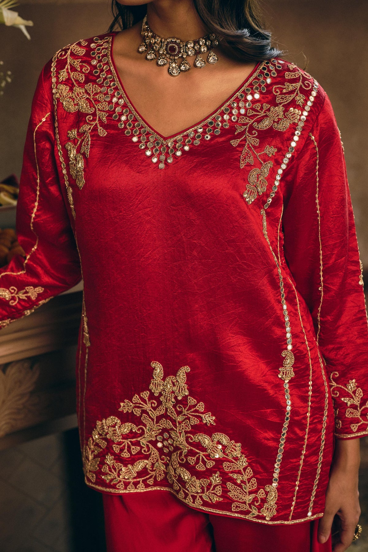 Royal Red Embellished Premium Silk Palazzo Set