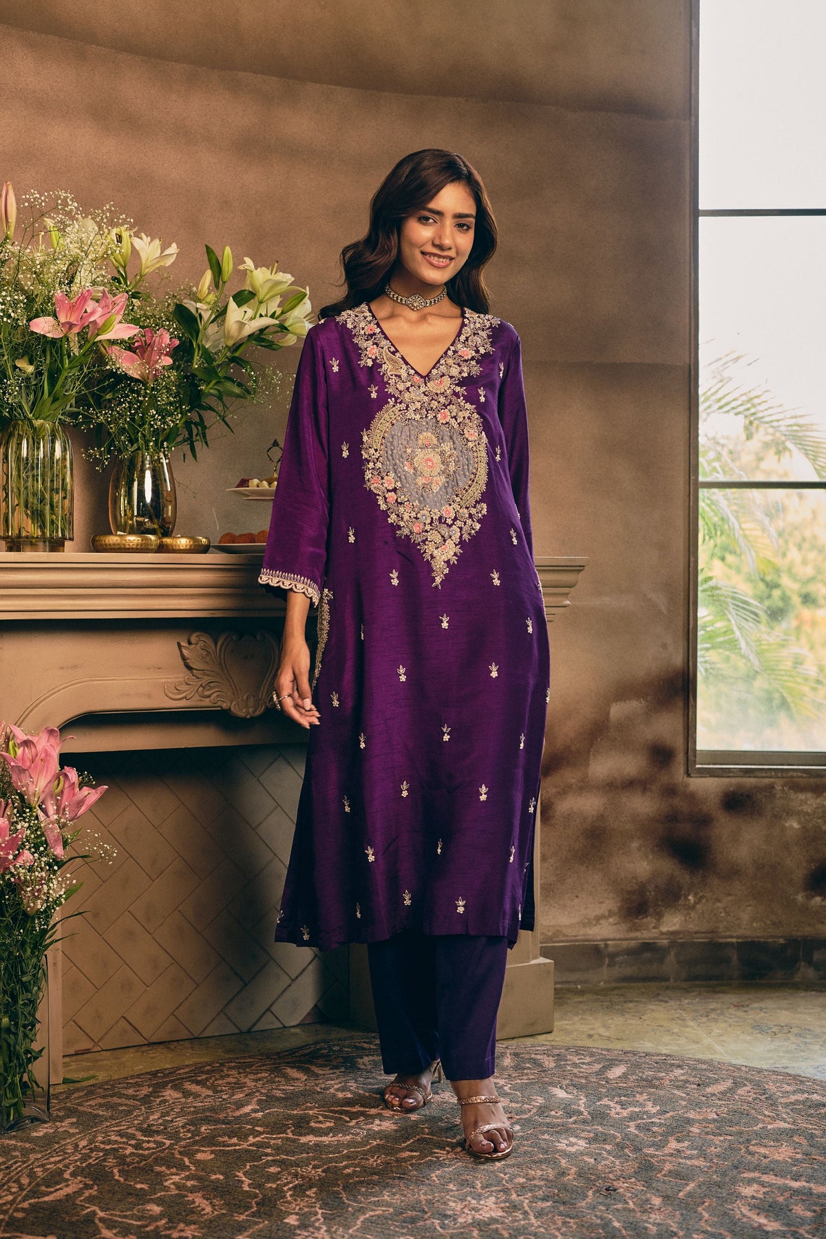 Grape Royale Embellished Raw Silk Pant Set