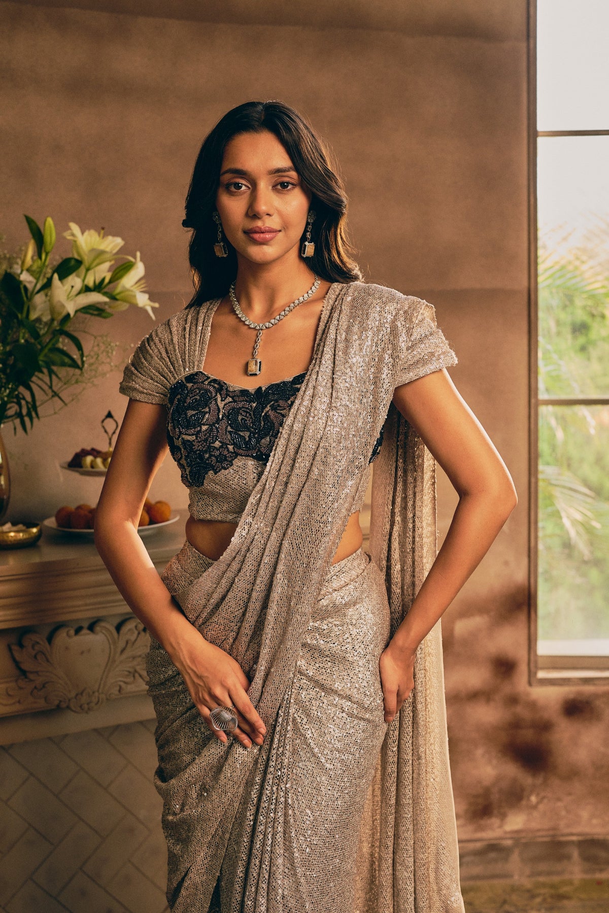 Silver Sequin Premium Net Pre-Draped Saree