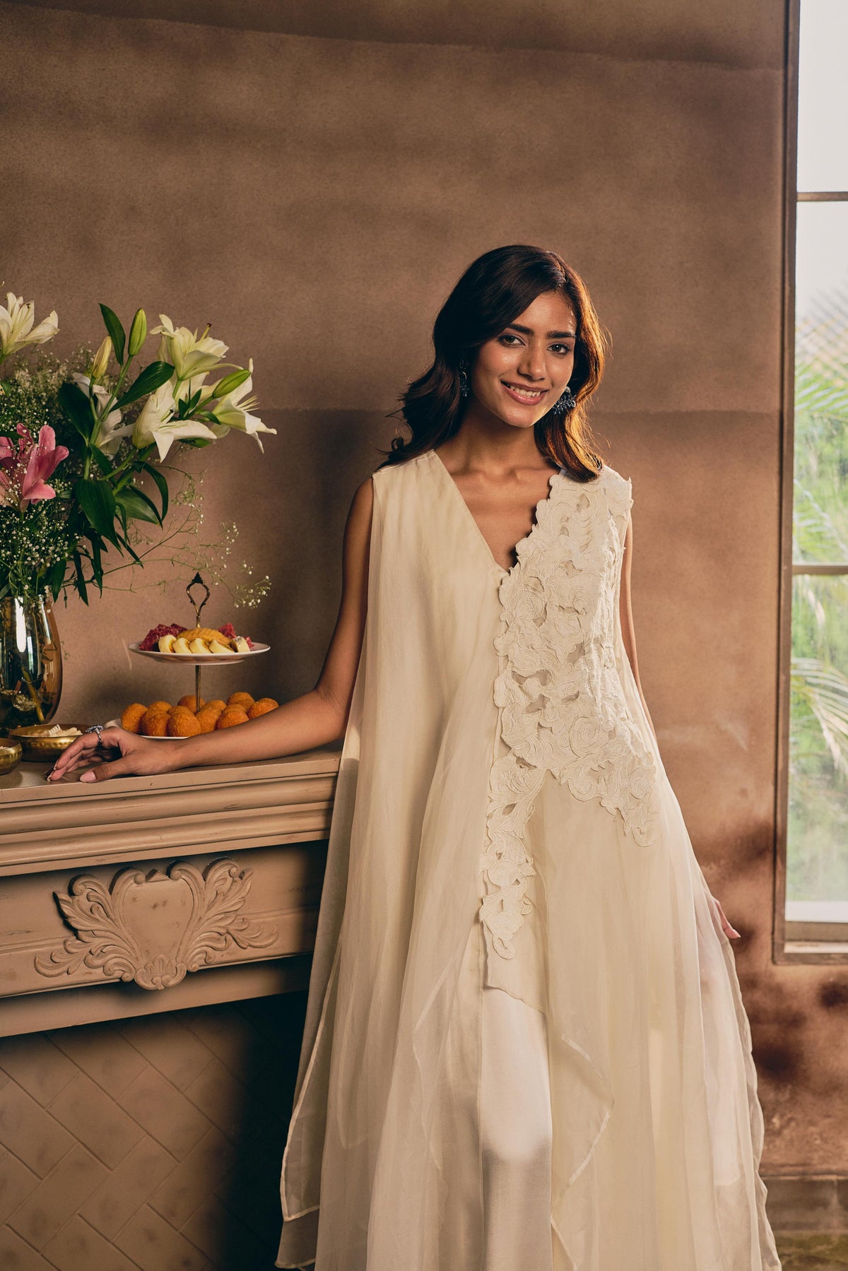 Ivory Cream Embellished Organza Silk Dress