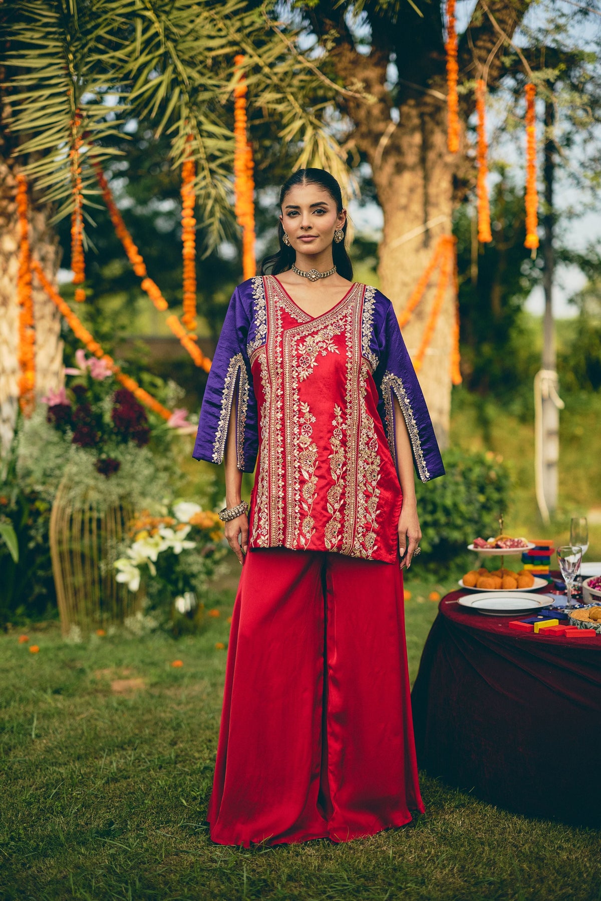 Crimson Purple Embellished Premium Silk Palazzo Set