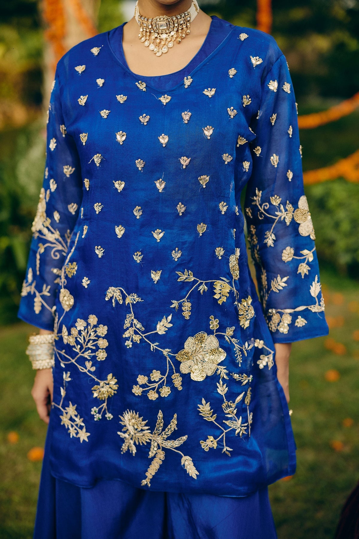 Cobalt Blue Embellished Organza Silk Palazzo Set