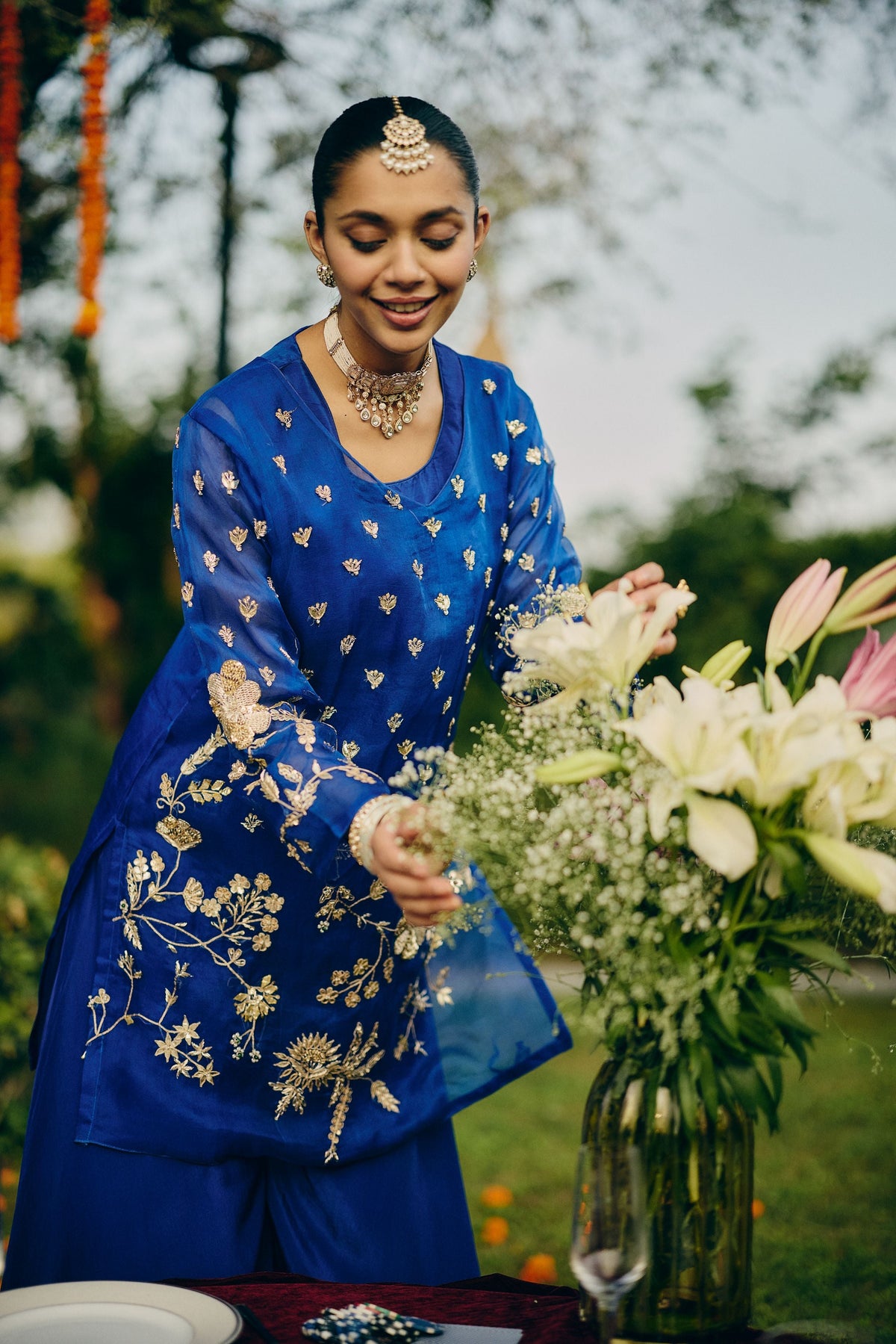 Cobalt Blue Embellished Organza Silk Palazzo Set
