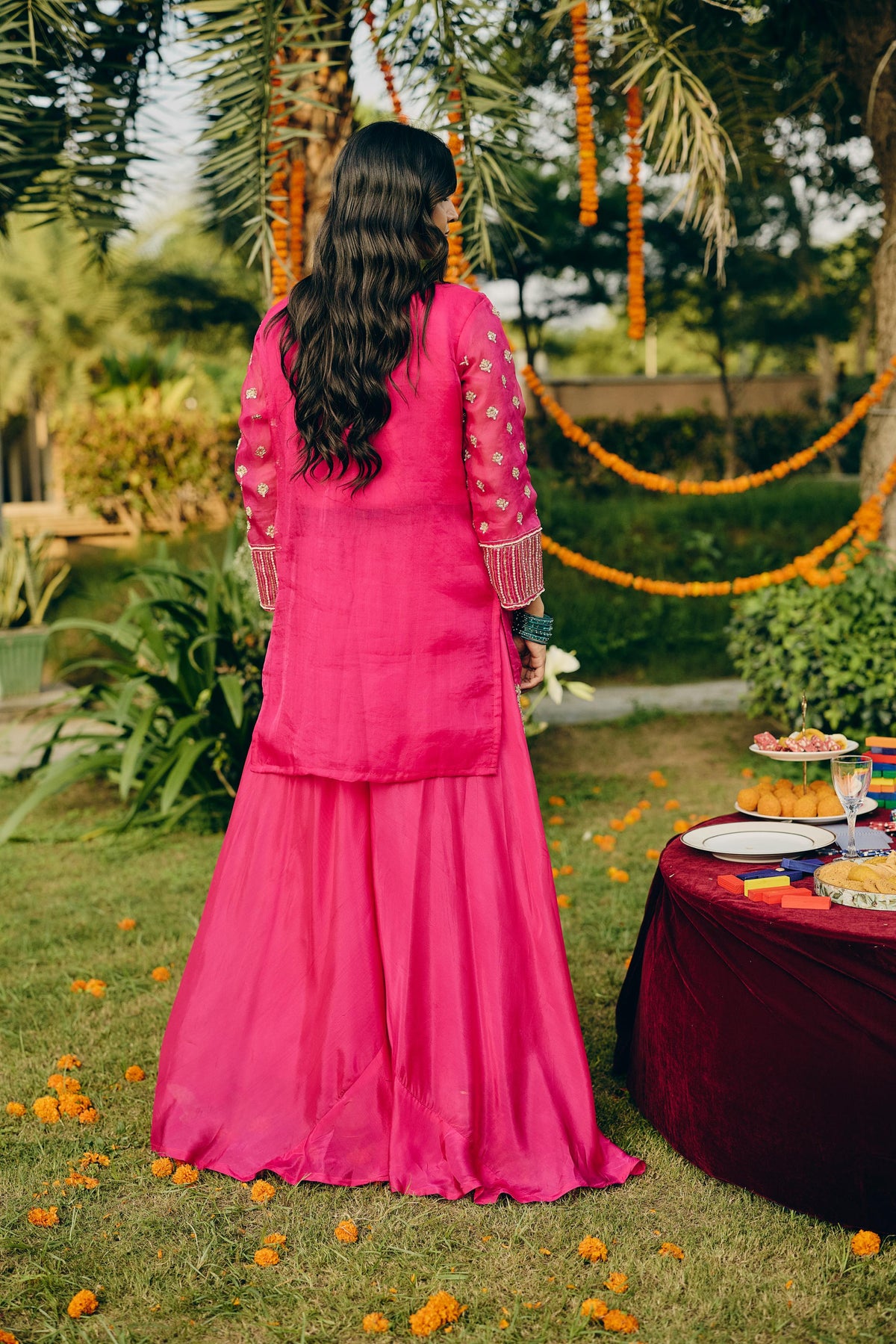 Rani Pink Embellished Organza Silk Palazzo Set