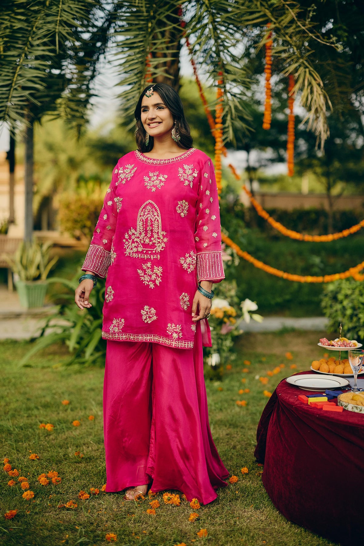 Rani Pink Embellished Organza Silk Palazzo Set