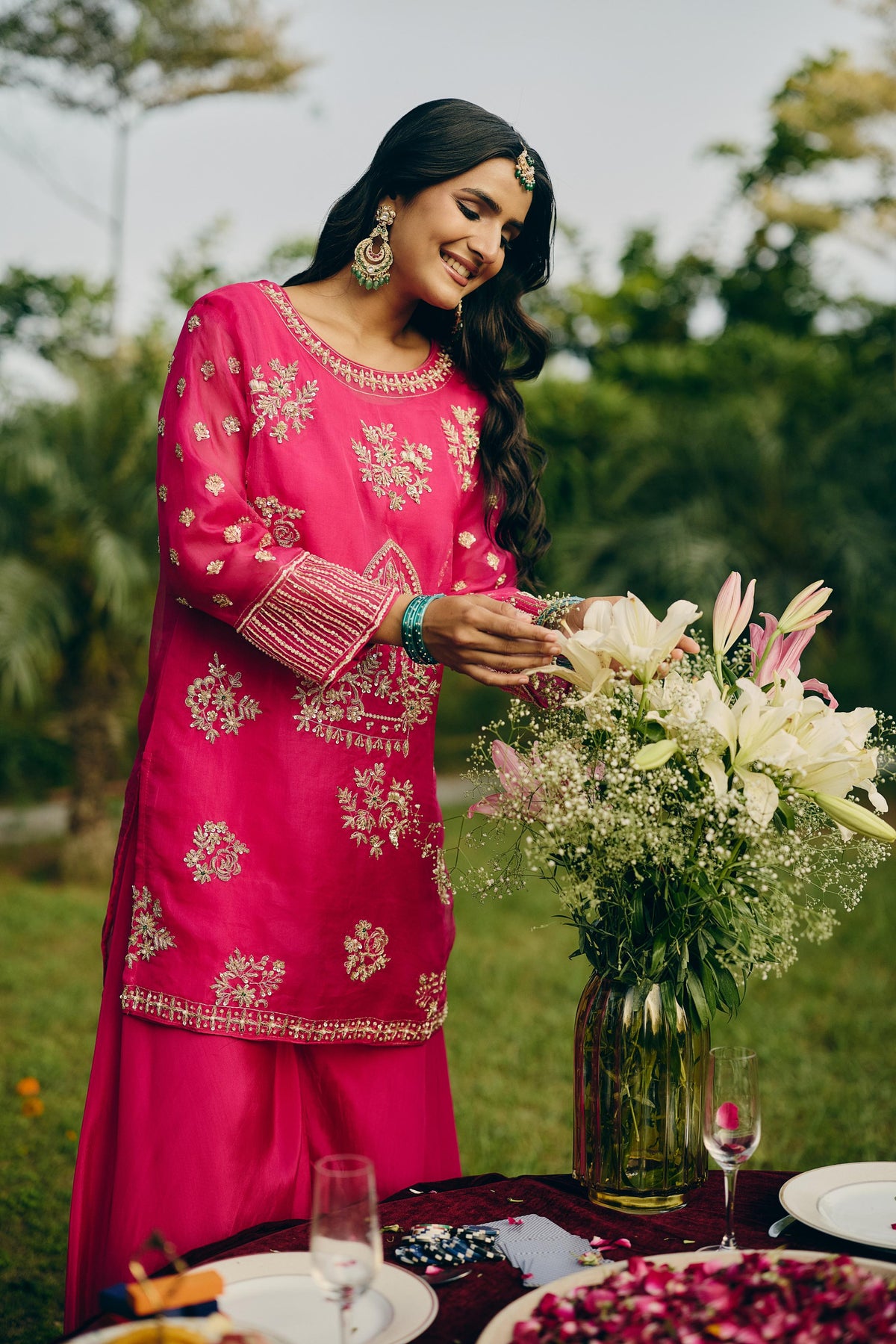 Rani Pink Embellished Organza Silk Palazzo Set