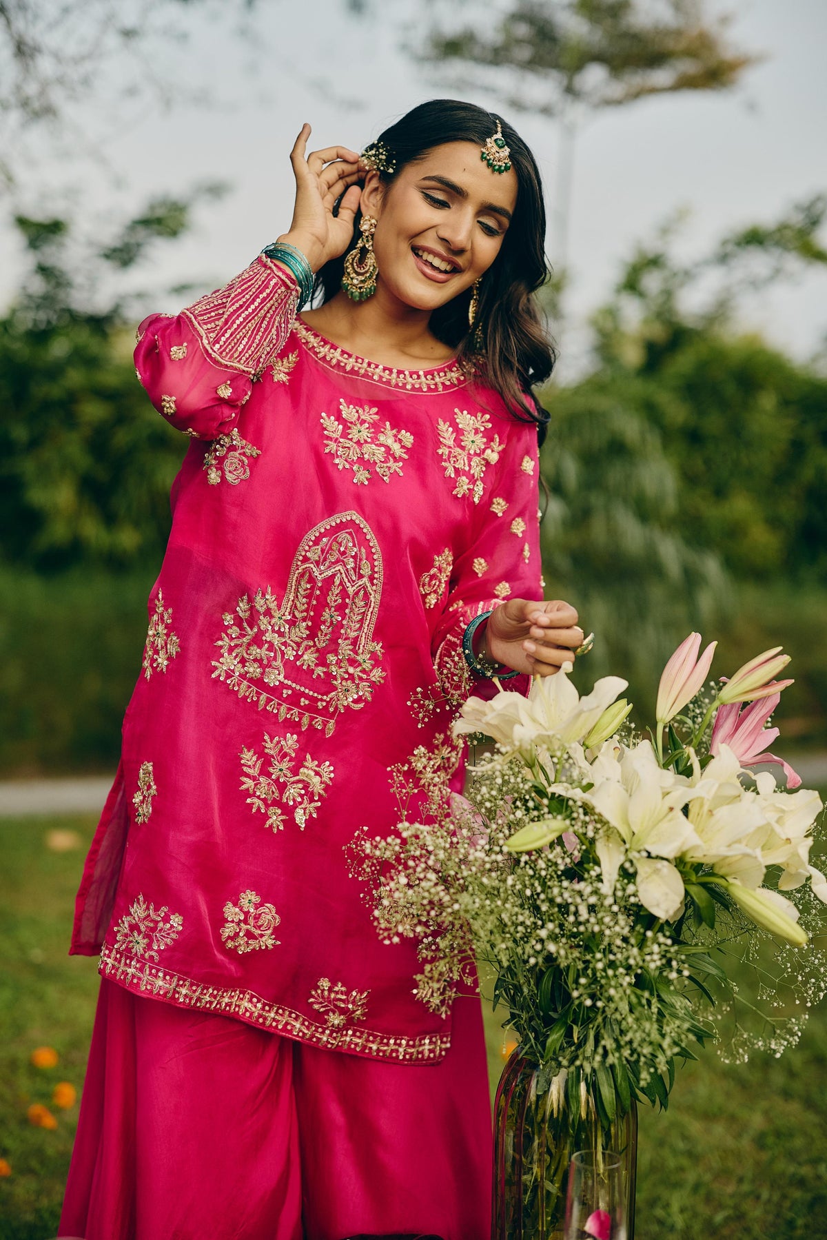 Rani Pink Embellished Organza Silk Palazzo Set