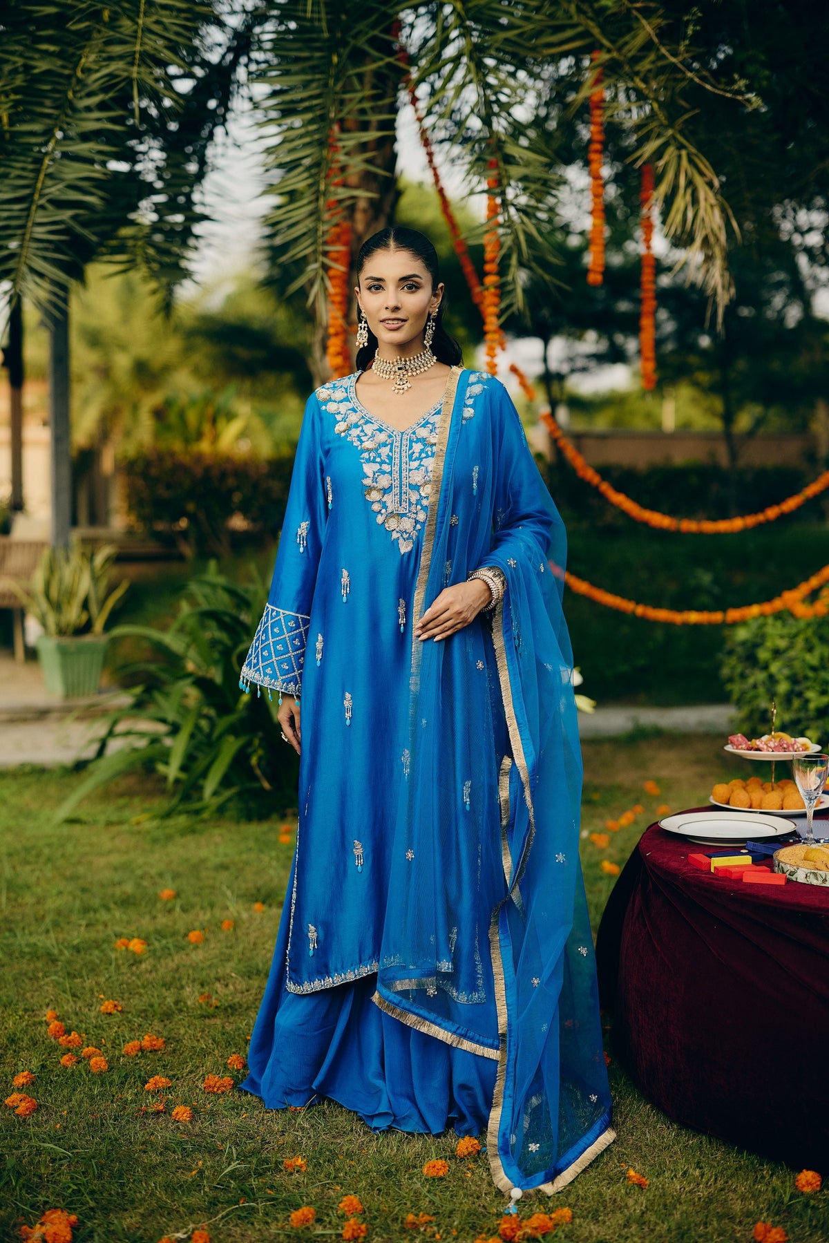 Azure Blue Embellished Premium Silk Palazzo Set