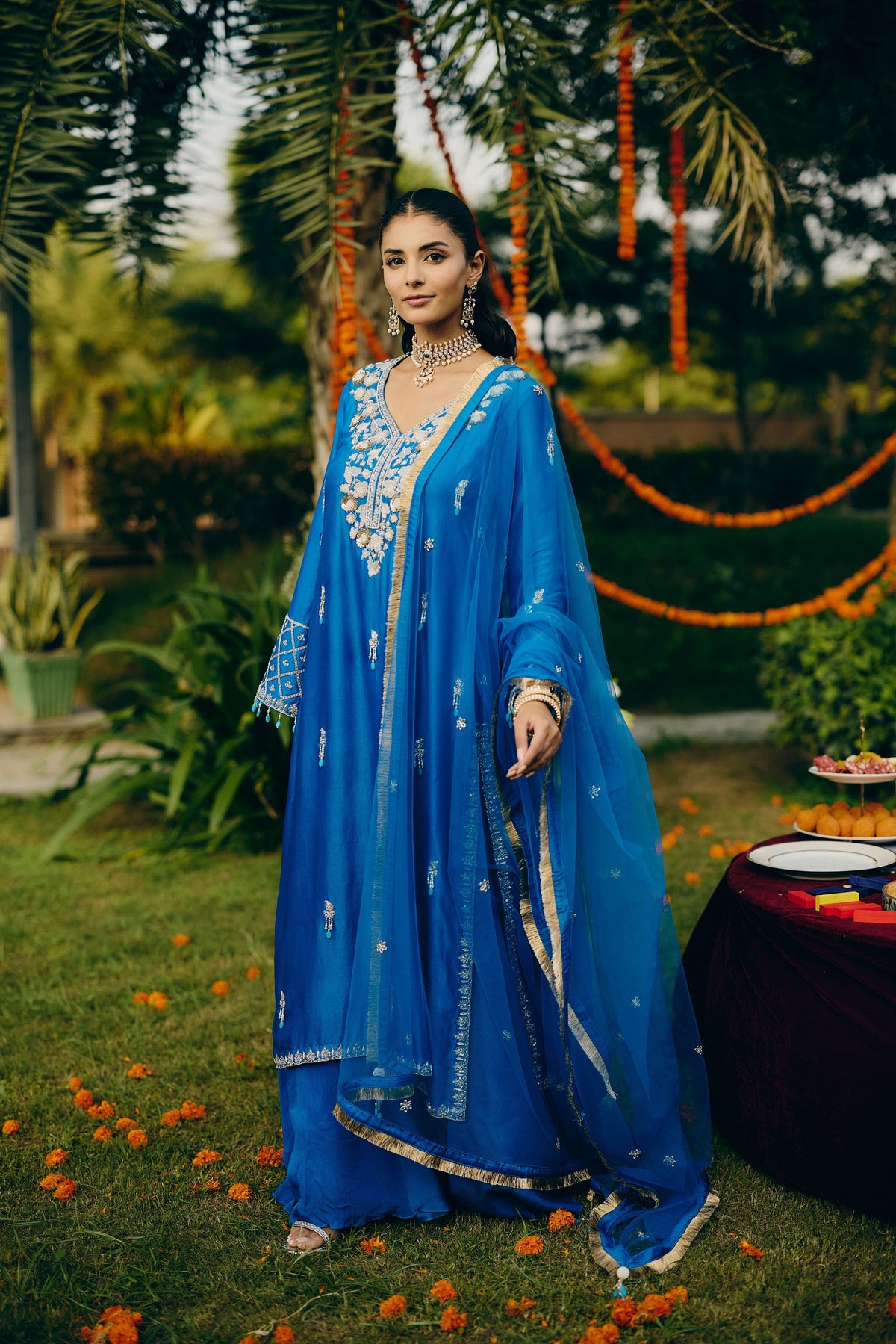 Azure Blue Embellished Premium Silk Palazzo Set