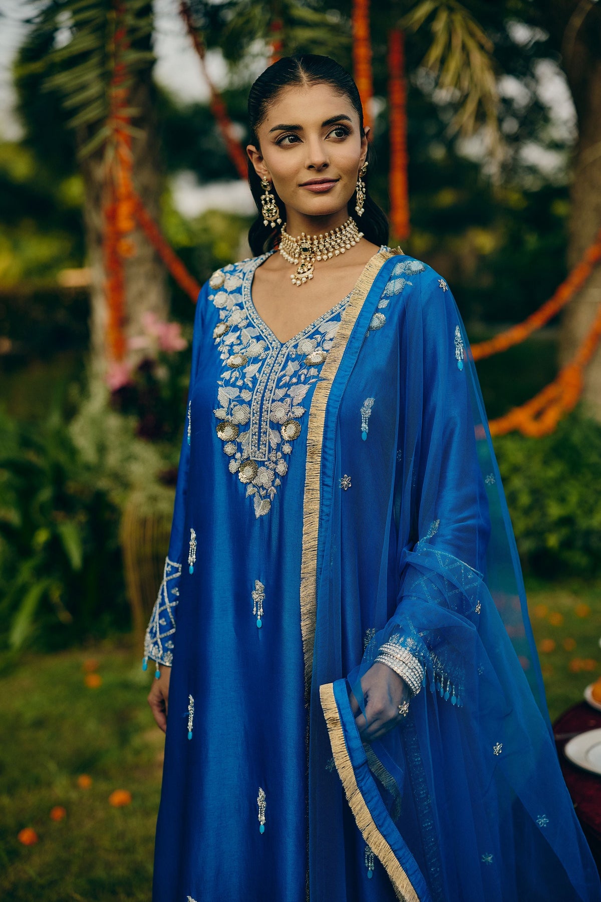 Azure Blue Embellished Premium Silk Palazzo Set
