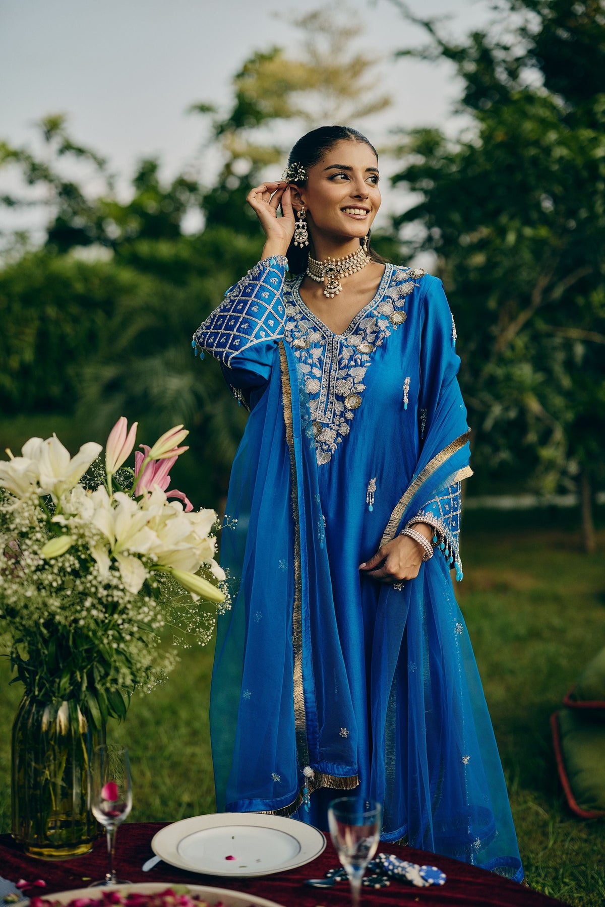 Azure Blue Embellished Premium Silk Palazzo Set