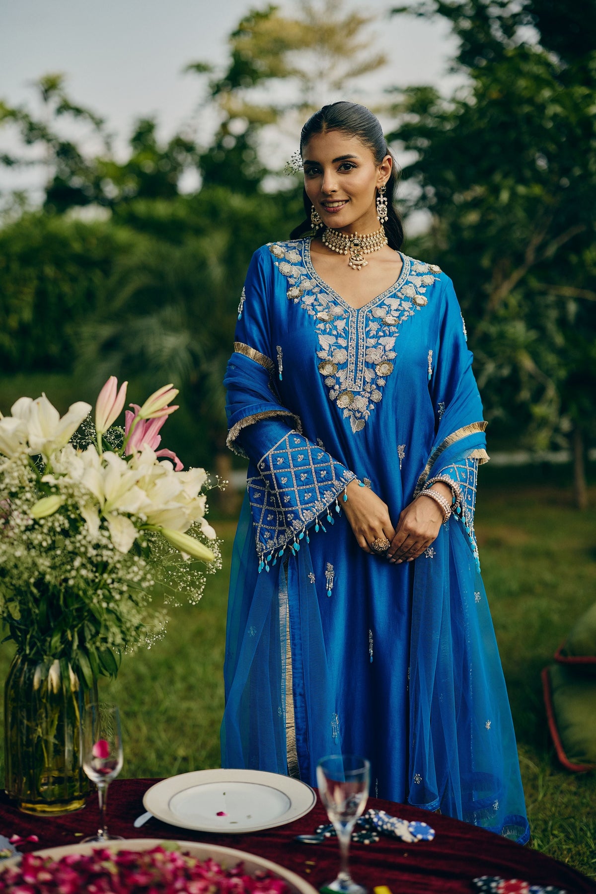 Azure Blue Embellished Premium Silk Palazzo Set