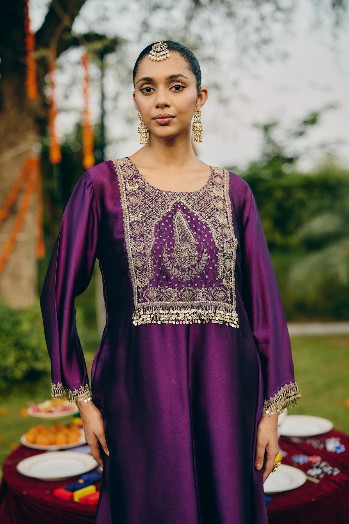 Dark Purple Embellished Crepe Silk Pant Set