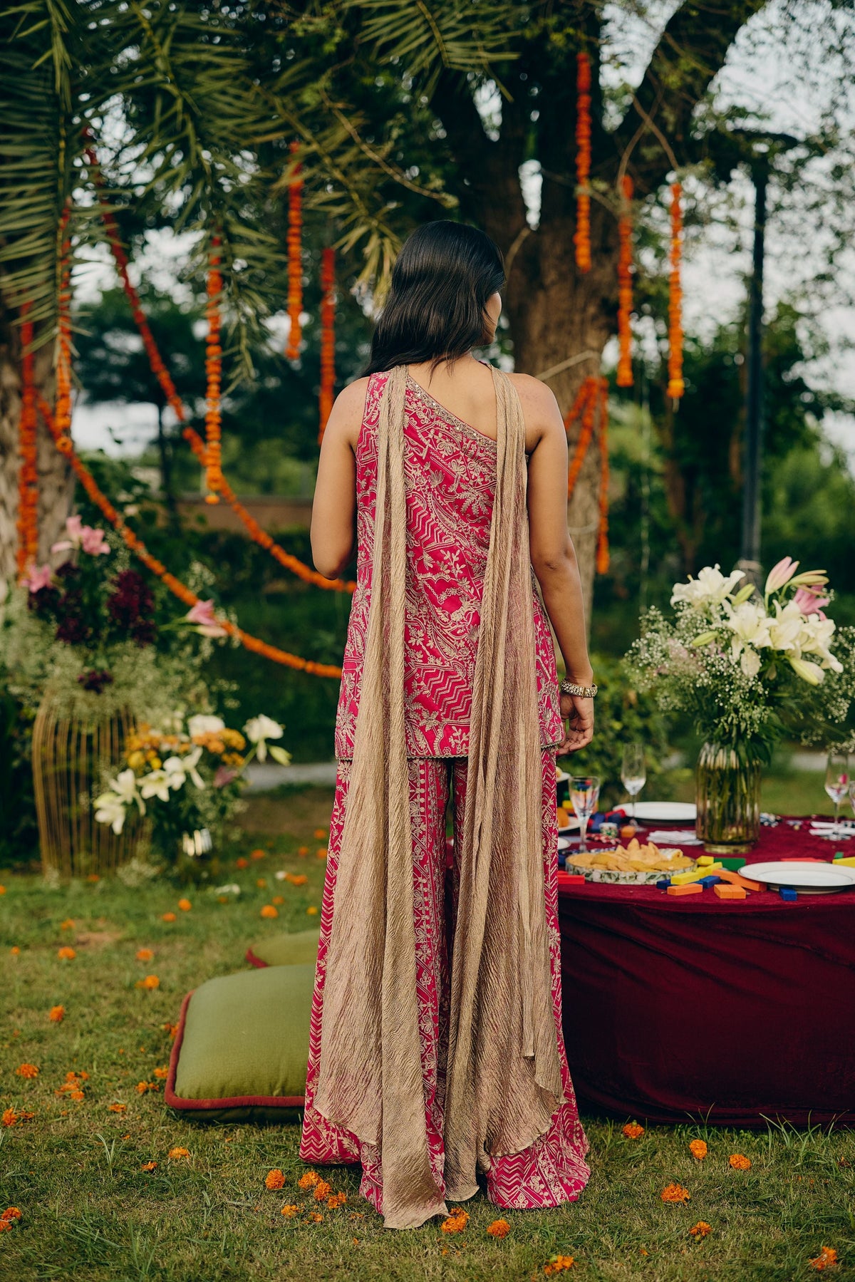 Hot Pink Embroidered Georgette Silk Palazzo Set