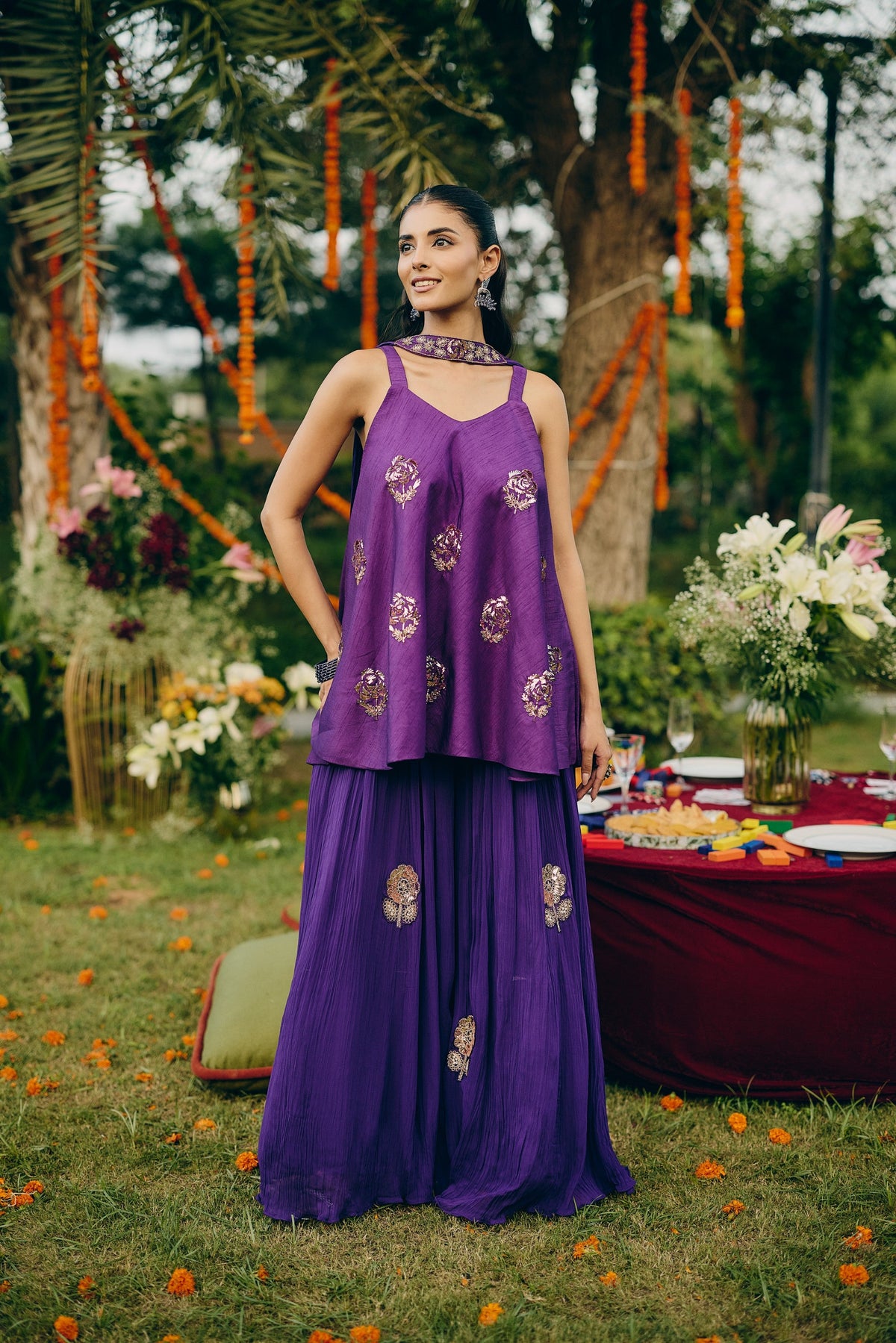 Deep Purple Embellished Georgette Silk Palazzo Set