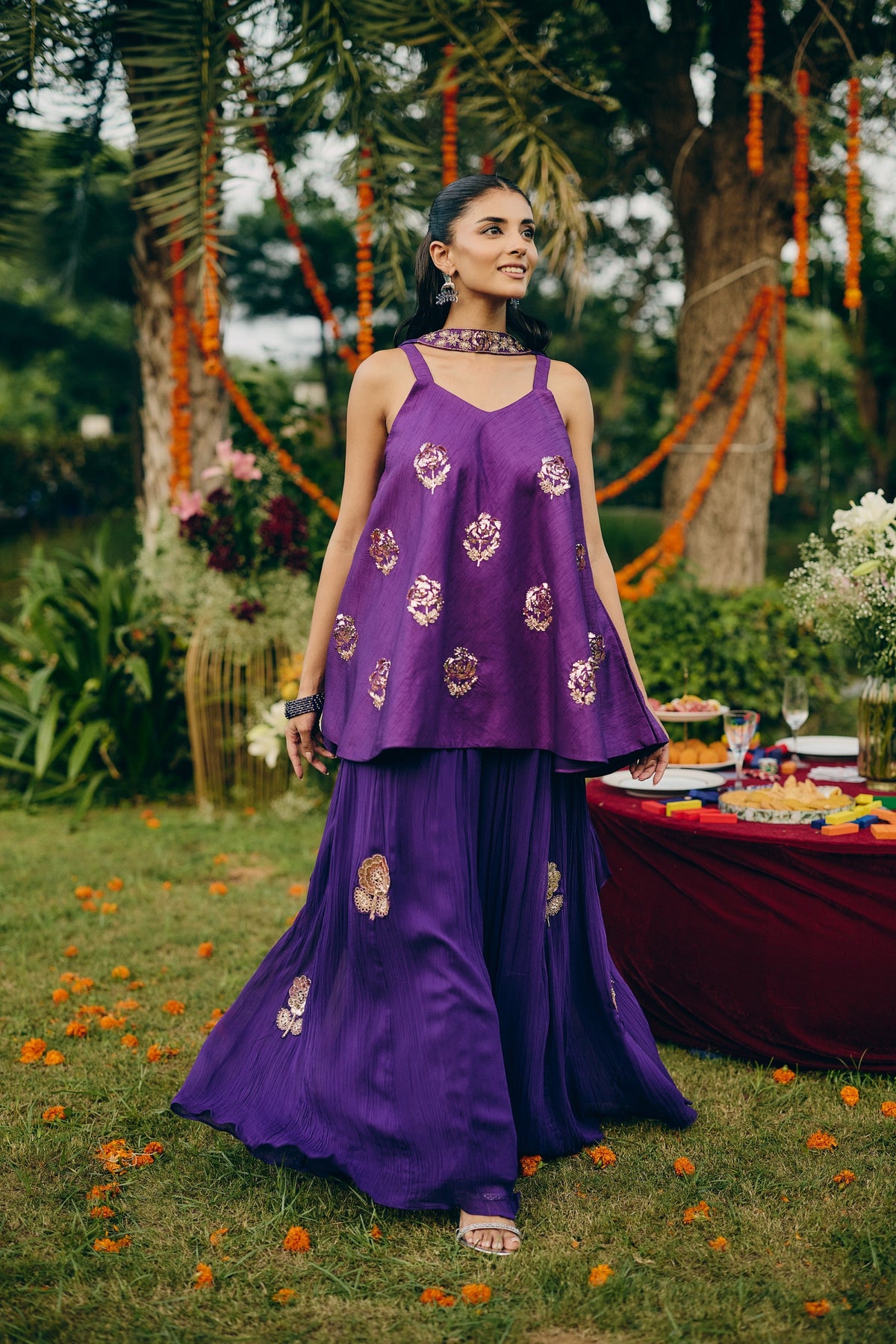 Deep Purple Embellished Georgette Silk Palazzo Set