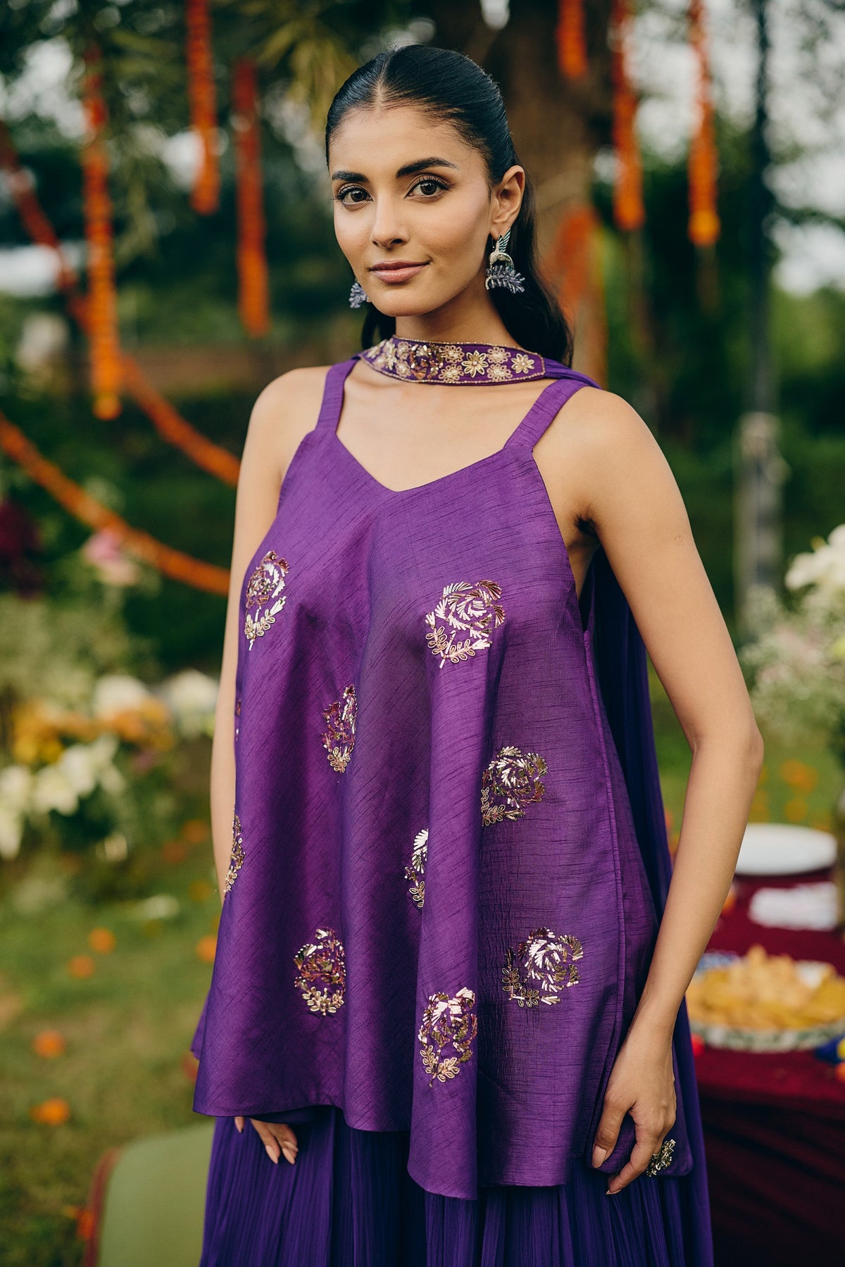 Deep Purple Embellished Georgette Silk Palazzo Set