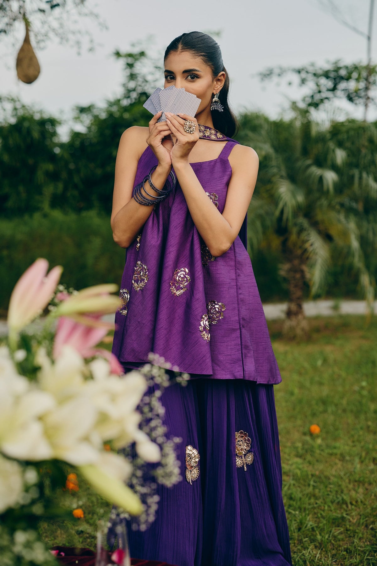 Deep Purple Embellished Georgette Silk Palazzo Set
