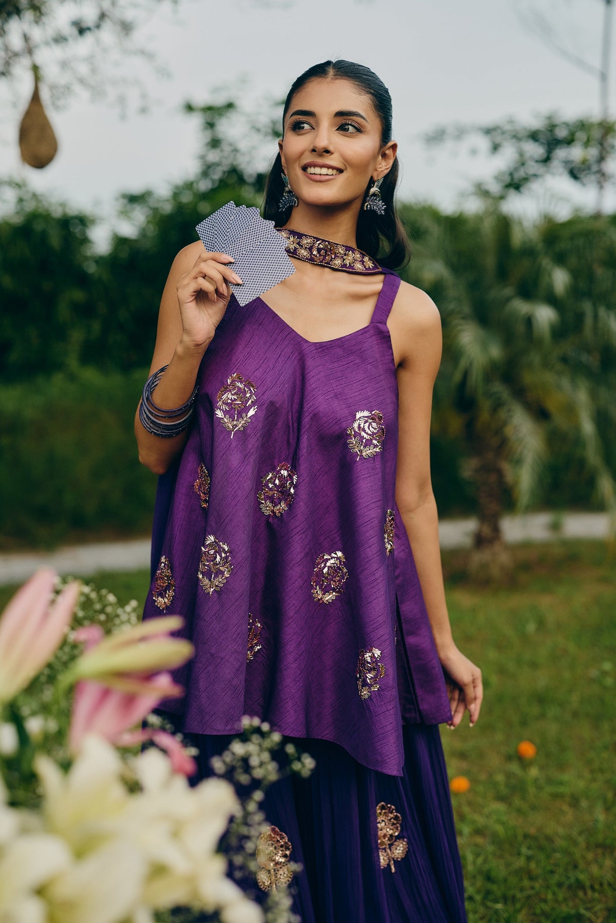 Deep Purple Embellished Georgette Silk Palazzo Set