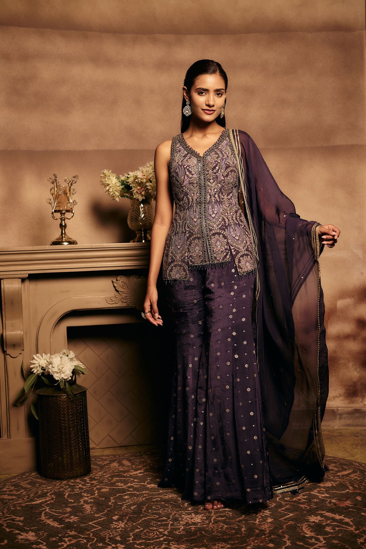 Frosted Purple Embellished Crepe Silk Palazzo Set