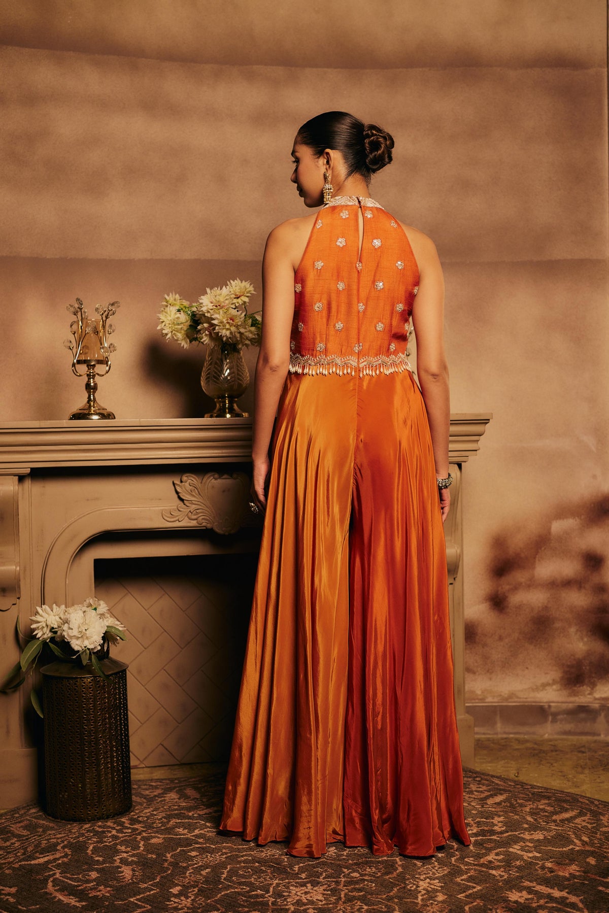 Burnt Orange Embellished Crepe Silk Jumpsuit