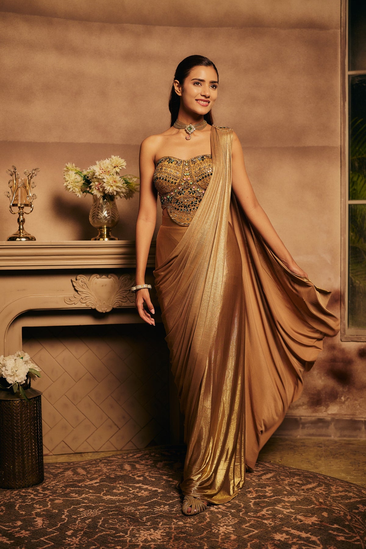 Antique Gold Embellished Spandex Lycra Silk Draped Saree