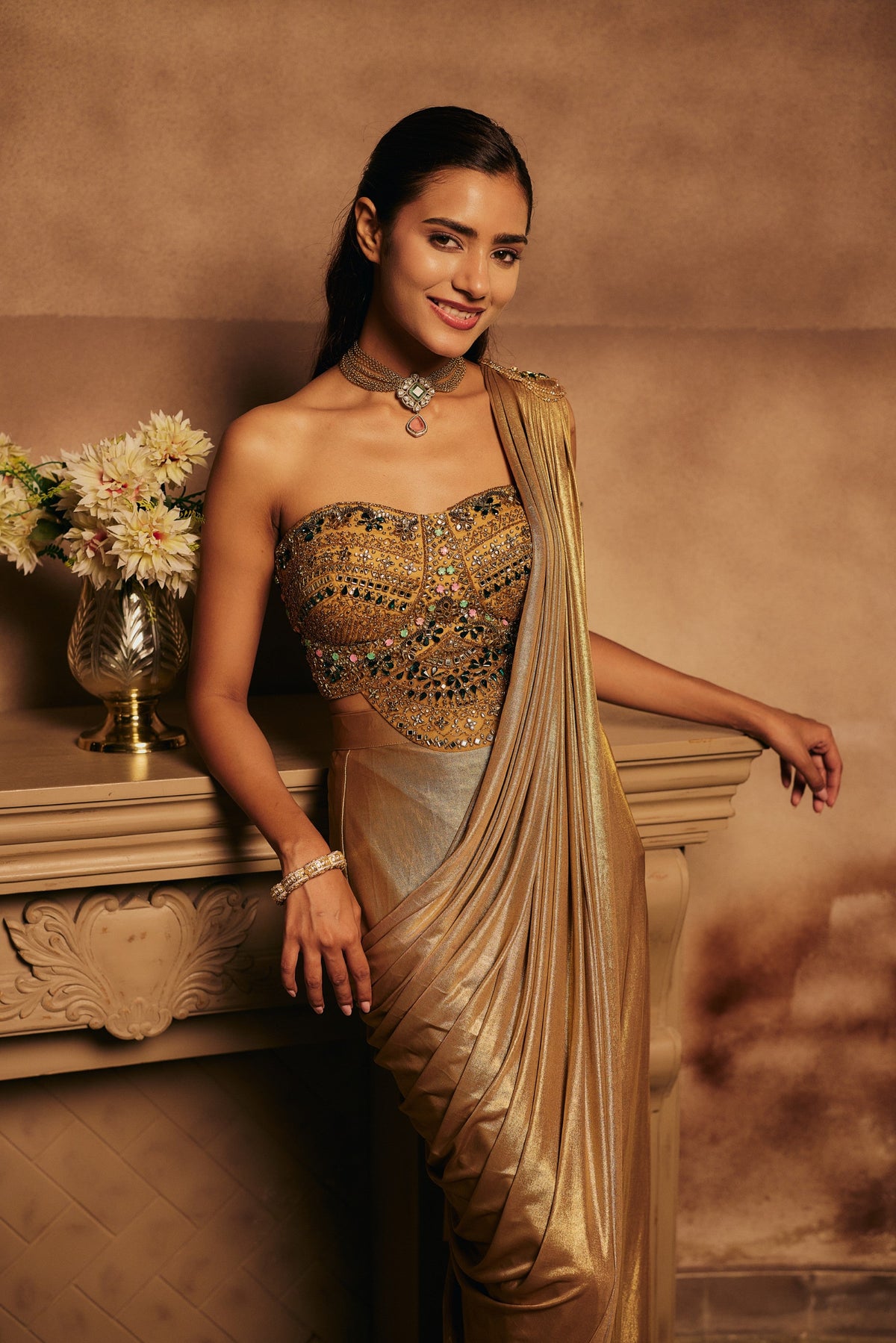 Antique Gold Embellished Spandex Lycra Silk Draped Saree