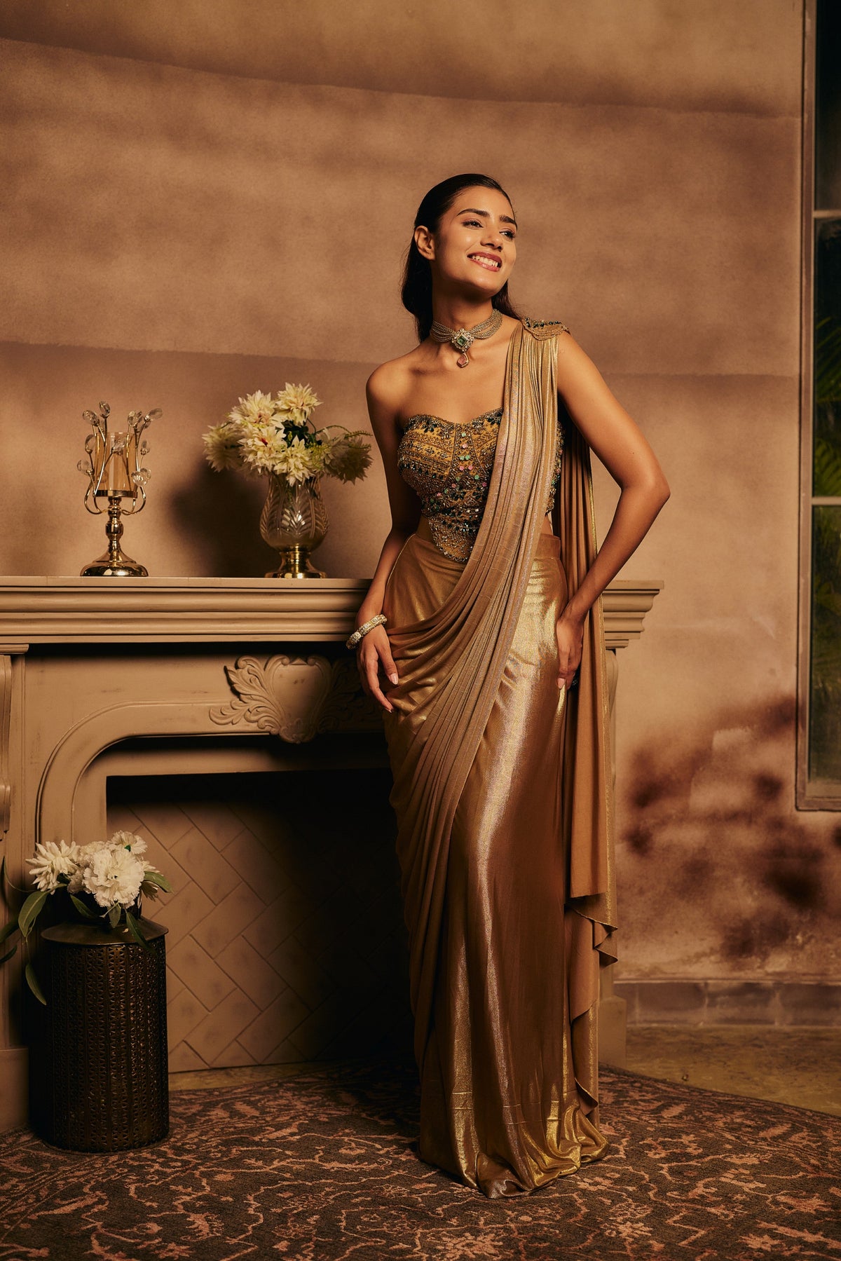 Antique Gold Embellished Spandex Lycra Silk Draped Saree