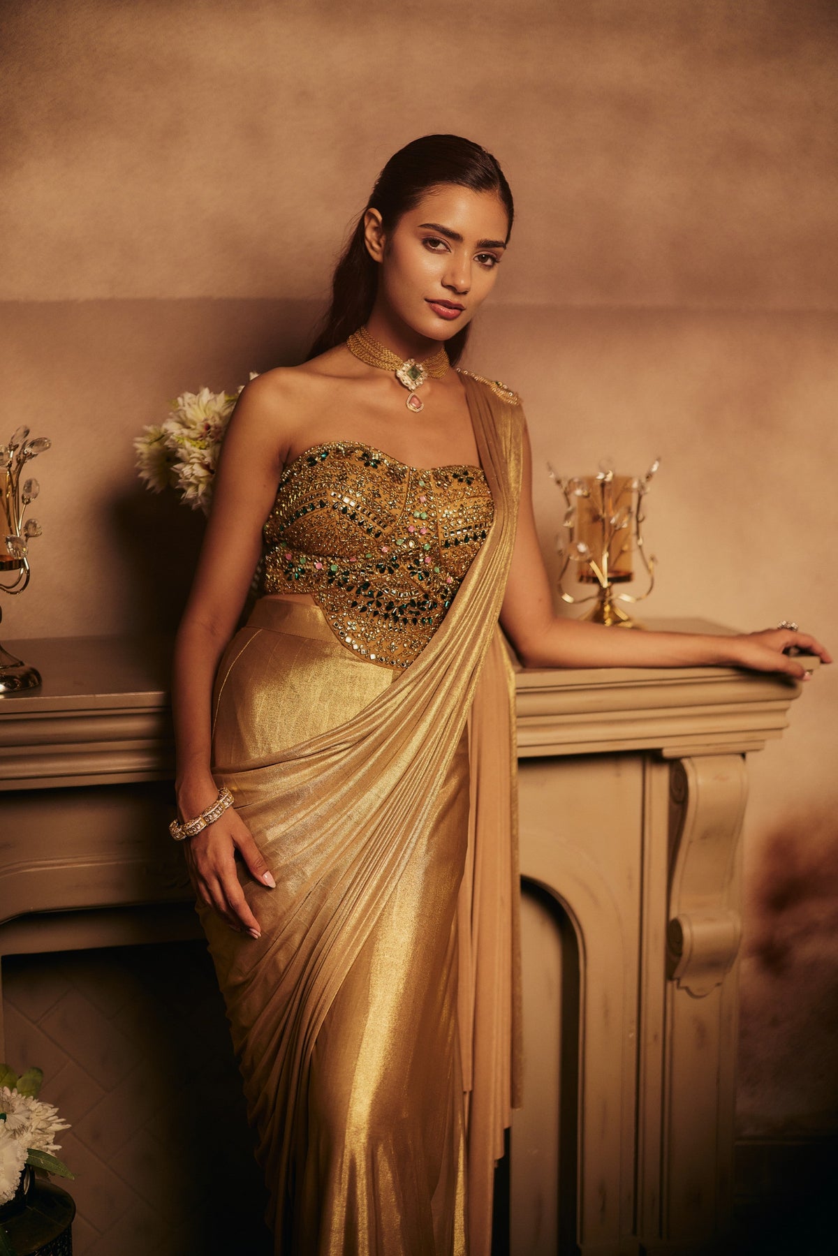 Antique Gold Embellished Spandex Lycra Silk Draped Saree