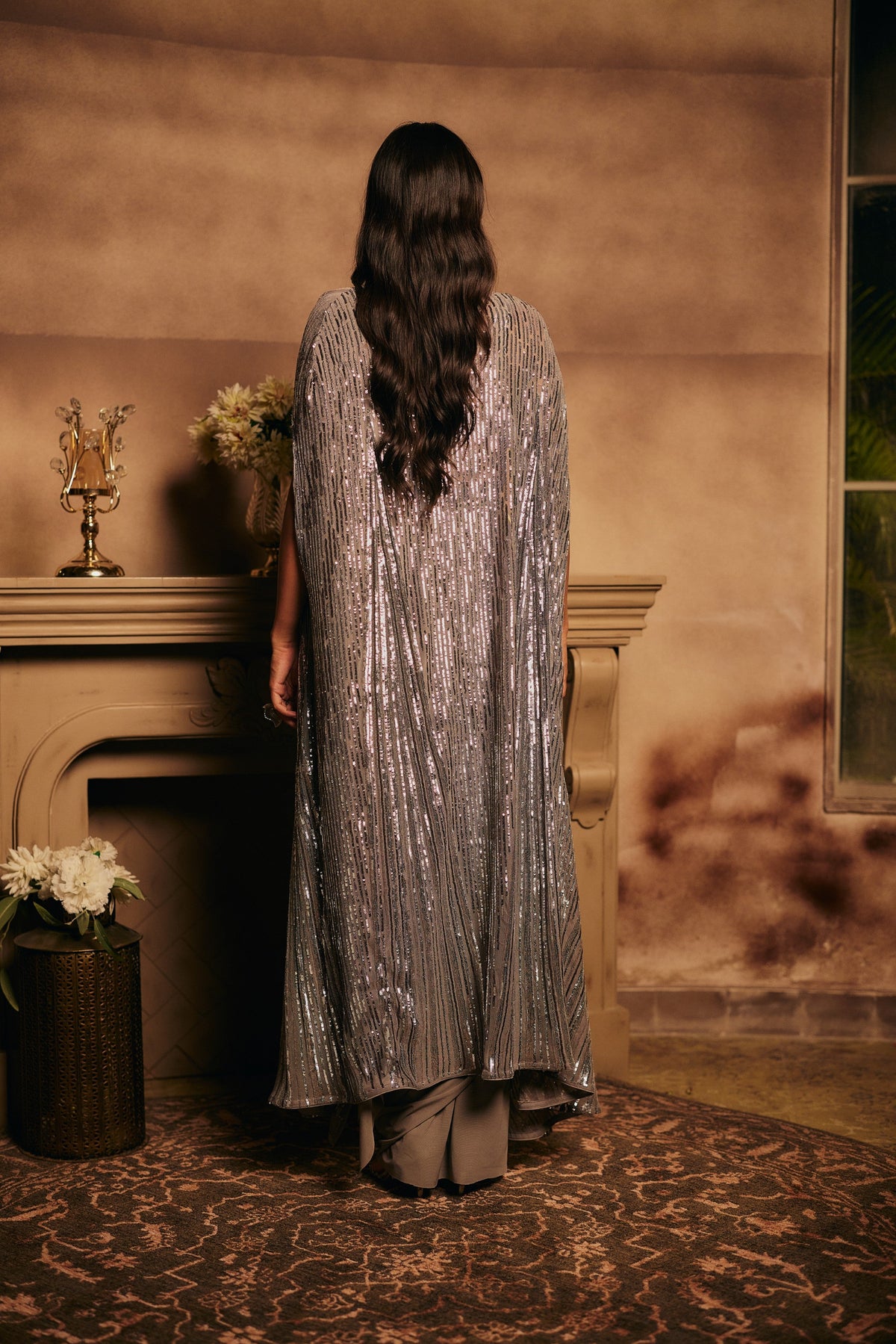 Warm Grey Embellished Tencel Lycra Draped Cape Saree