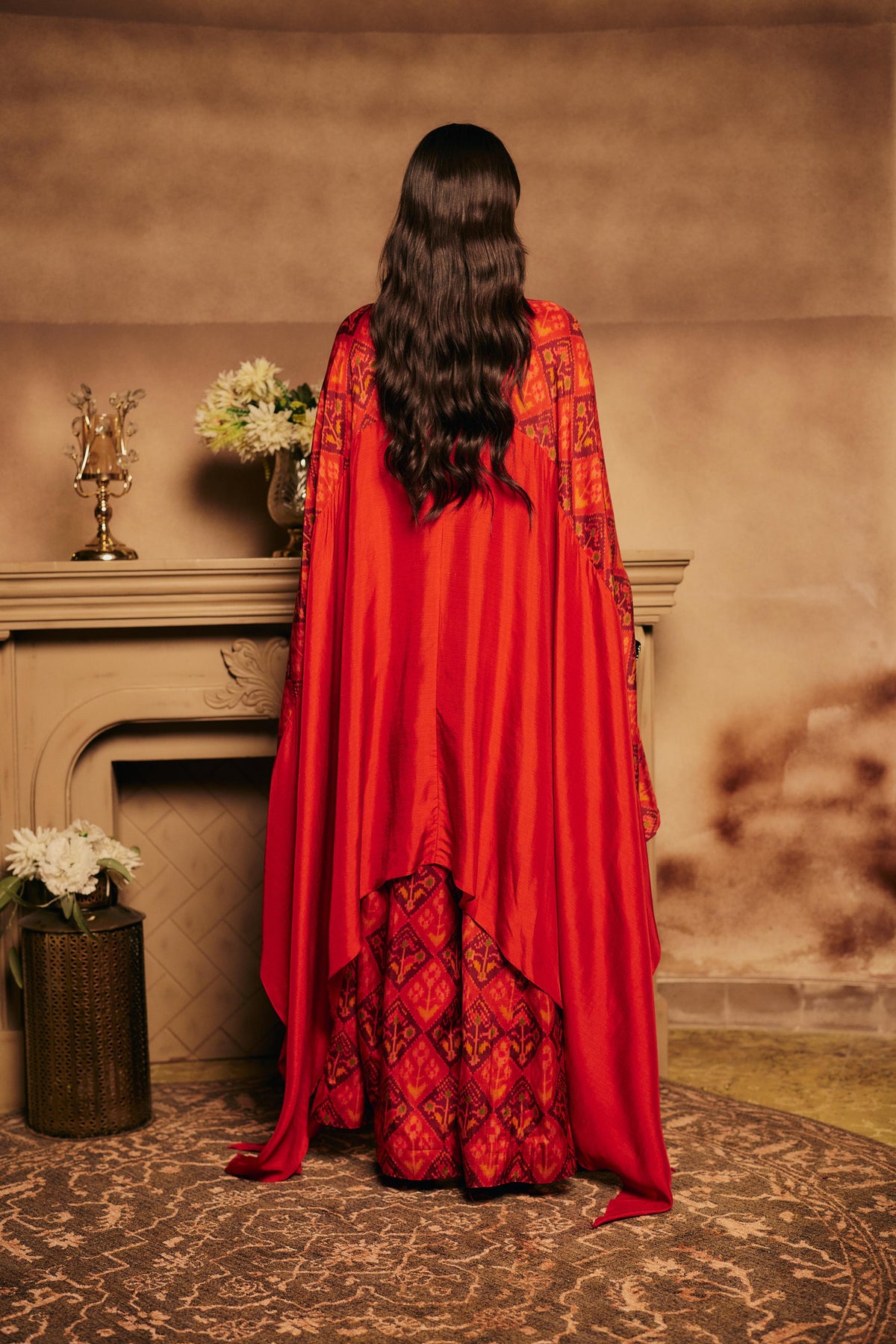 Red & Multi-Colored Upadda Silk Kaftan Set