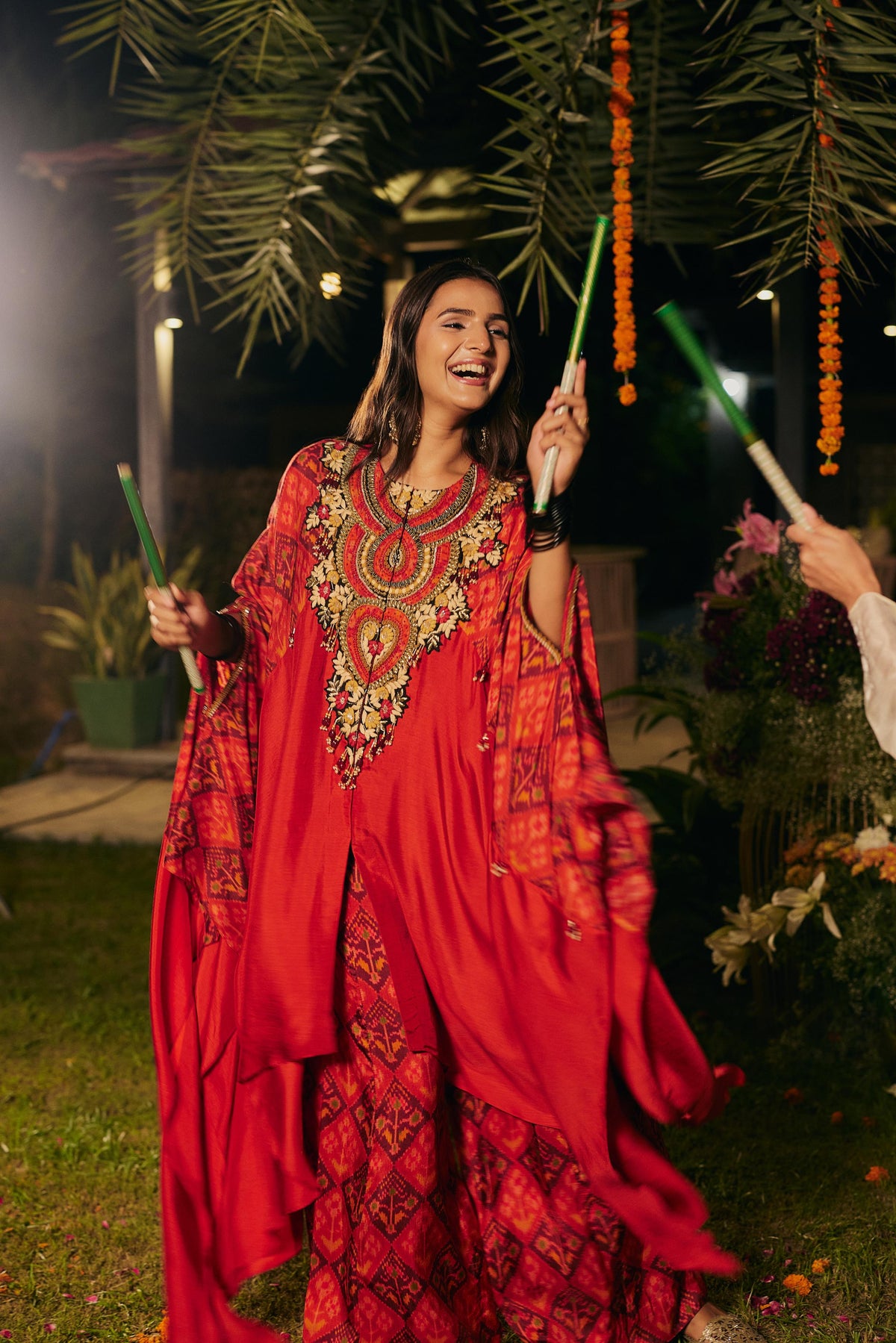 Red & Multi-Colored Upadda Silk Kaftan Set