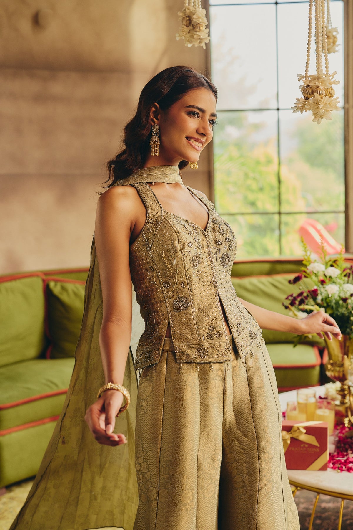 Pastel Olive Embellished Banarasi Silk Palazzo Set