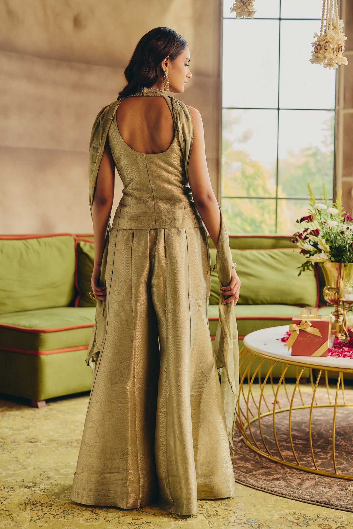 Pastel Olive Embellished Banarasi Silk Palazzo Set