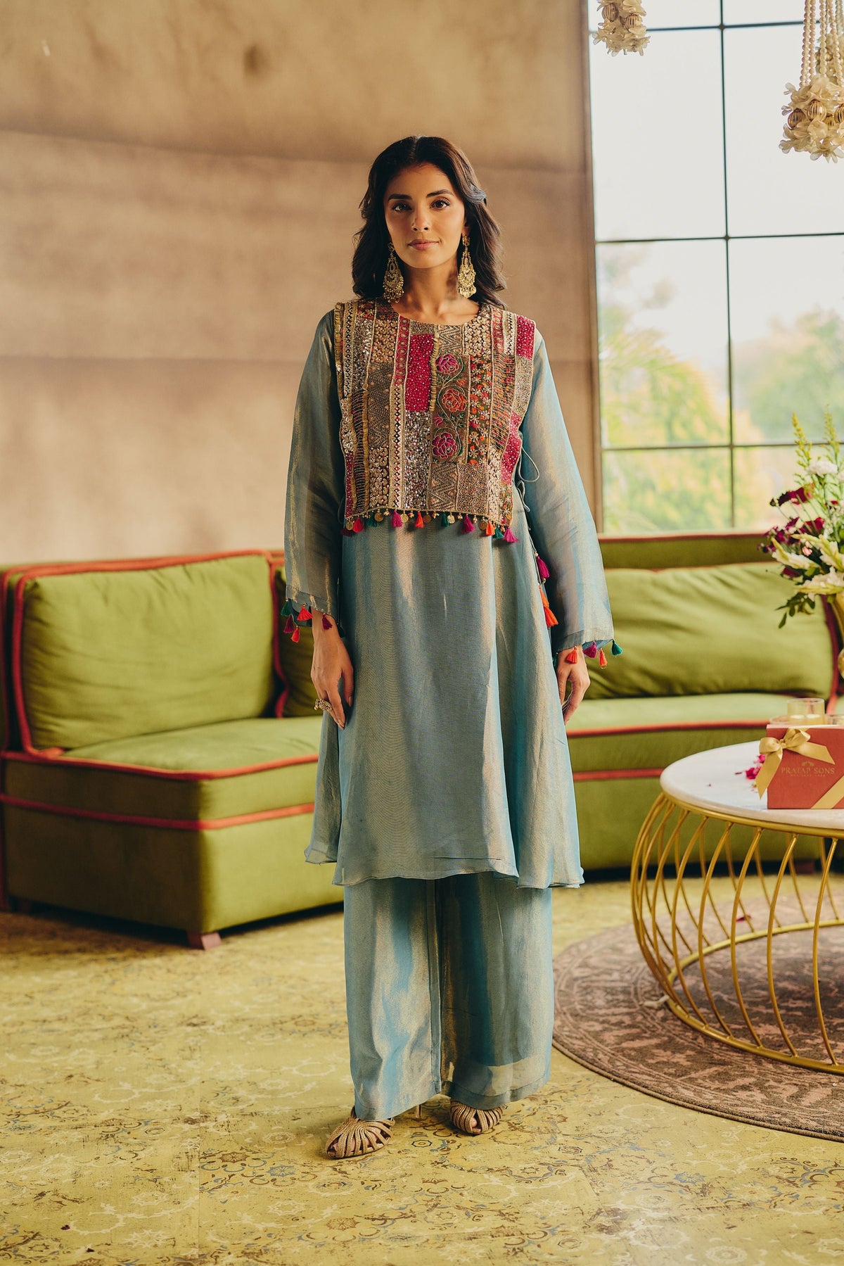 Ice Blue Embellished Shimmer Tissue Silk Pant Set