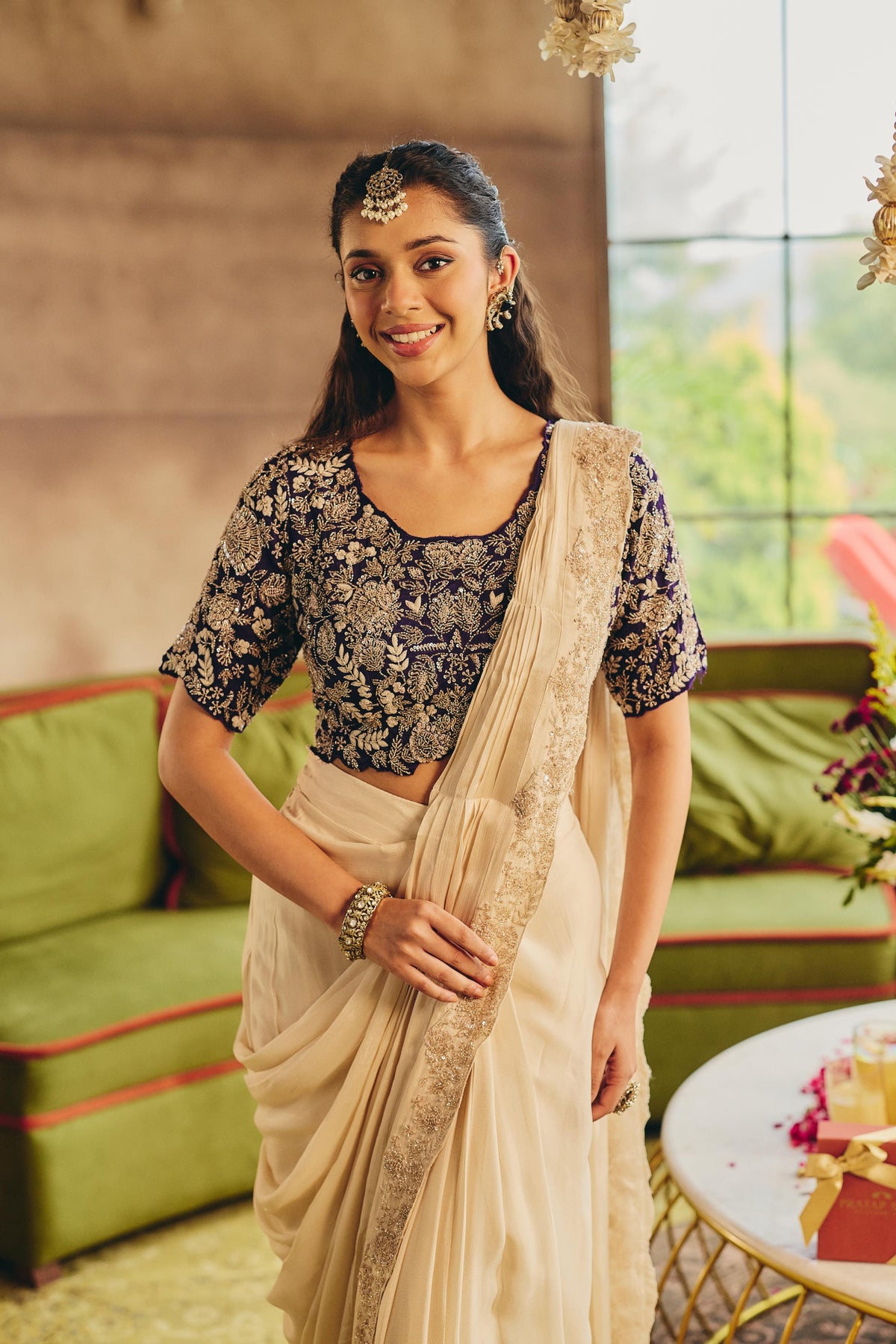 Cream Ivory & Royal Purple Embellished Chinon Silk Saree
