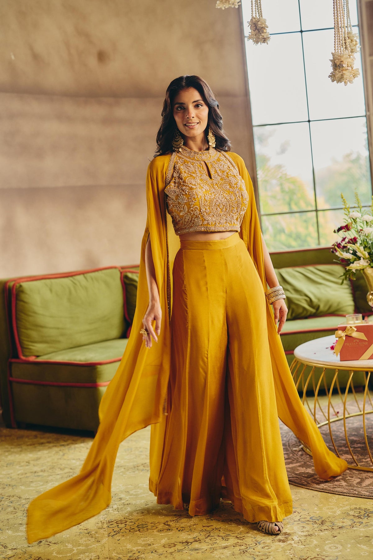 Mustard Yellow Embellished Chinon Silk Palazzo Set