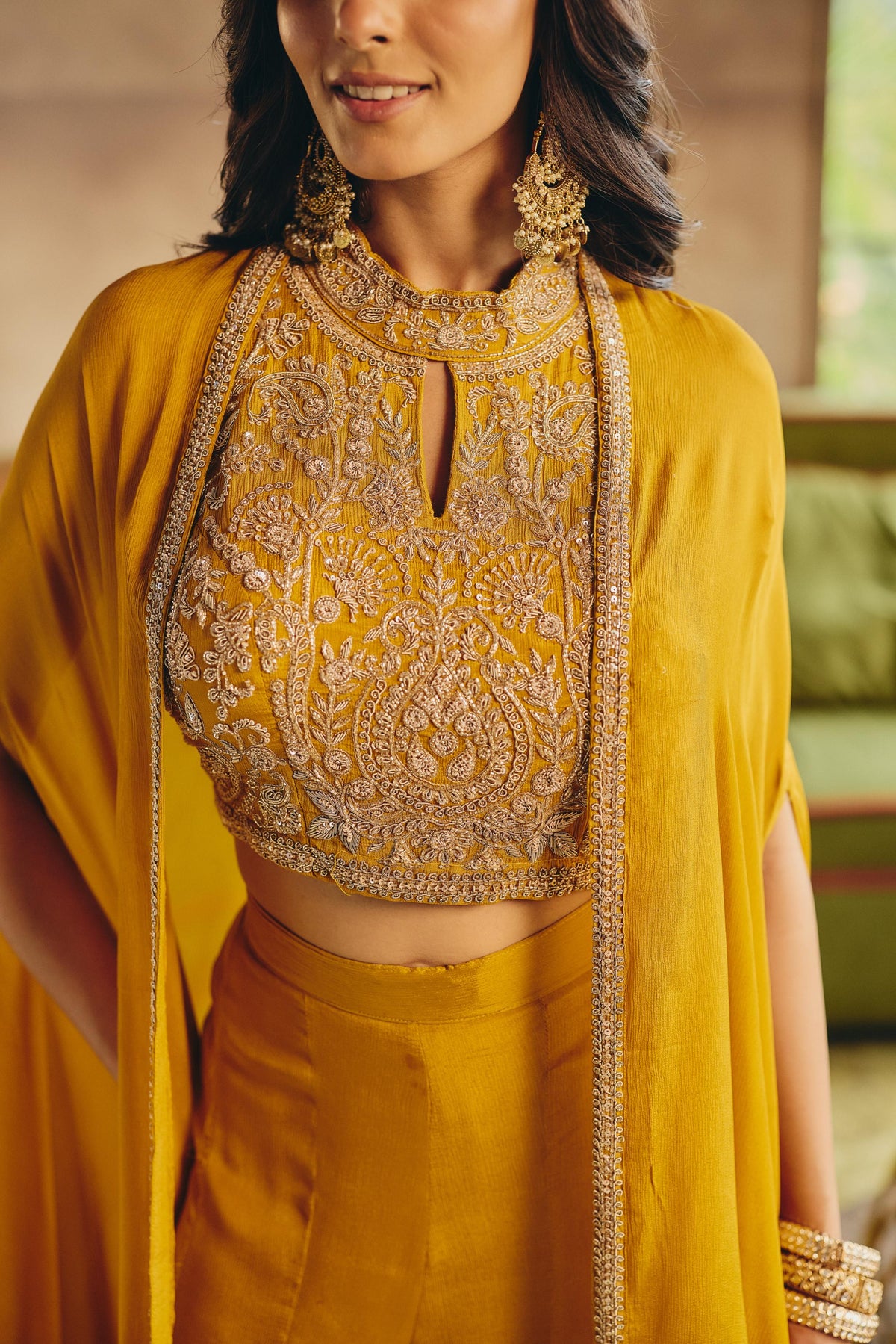 Mustard Yellow Embellished Chinon Silk Palazzo Set