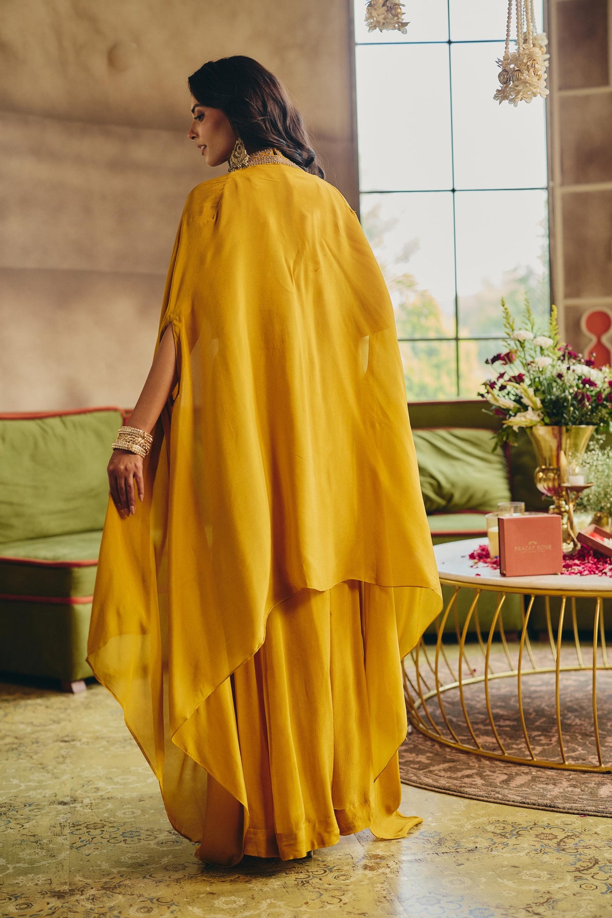 Mustard Yellow Embellished Chinon Silk Palazzo Set