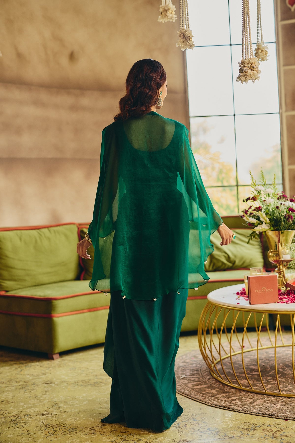 Emerald Green Embellished Tencel Lycra Silk Draped Saree