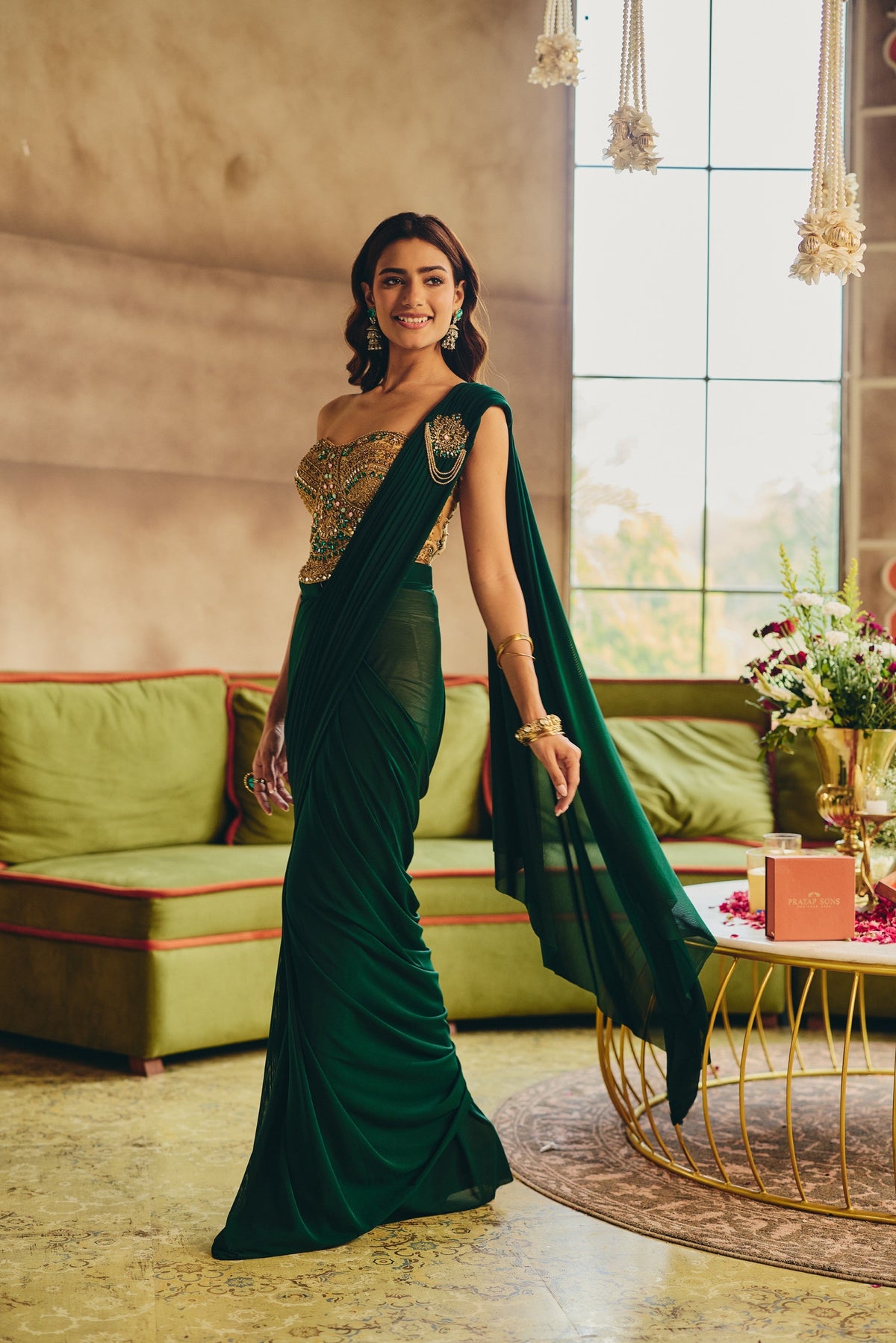 Emerald Green Embellished Tencel Lycra Silk Draped Saree