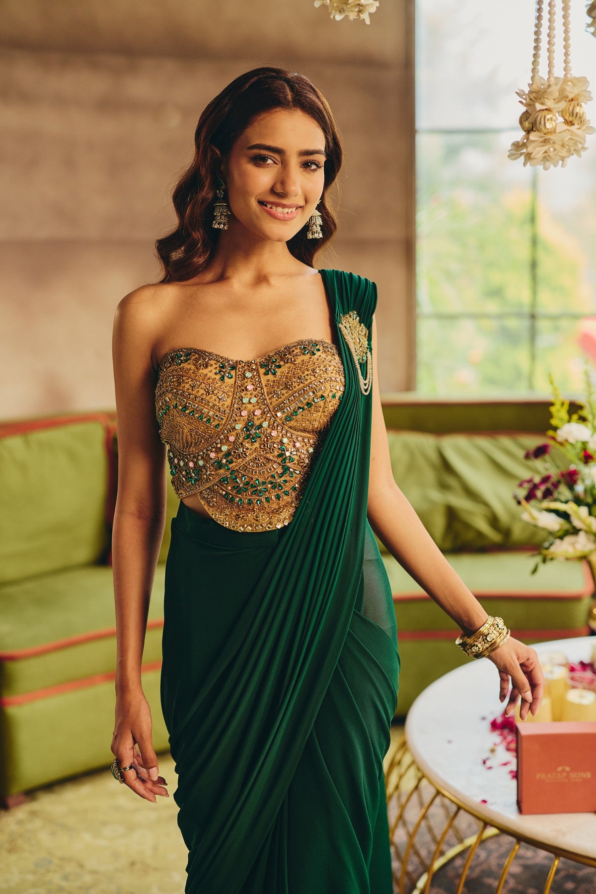 Emerald Green Embellished Tencel Lycra Silk Draped Saree