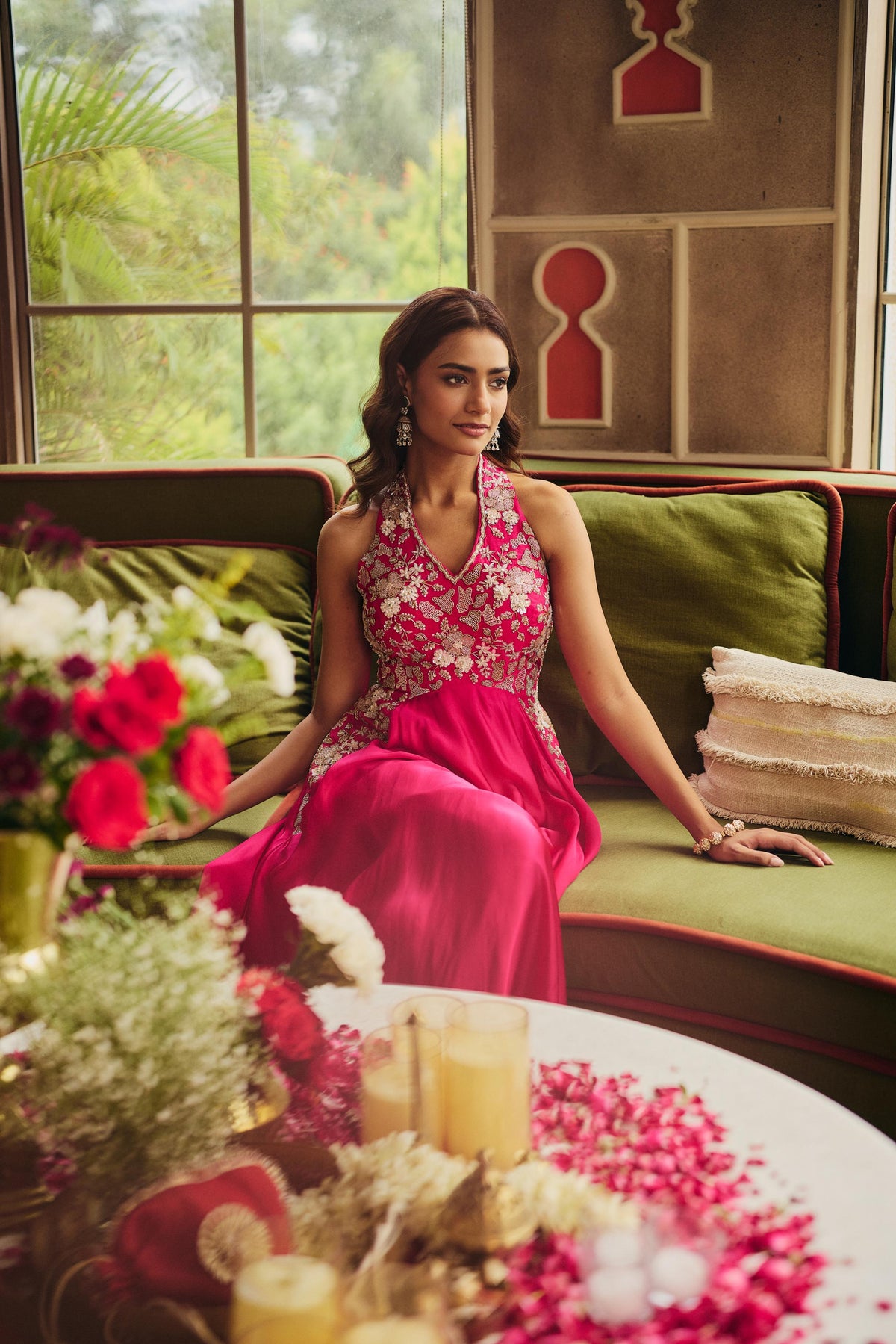 Magenta Rose Embellished Crepe Silk Dress