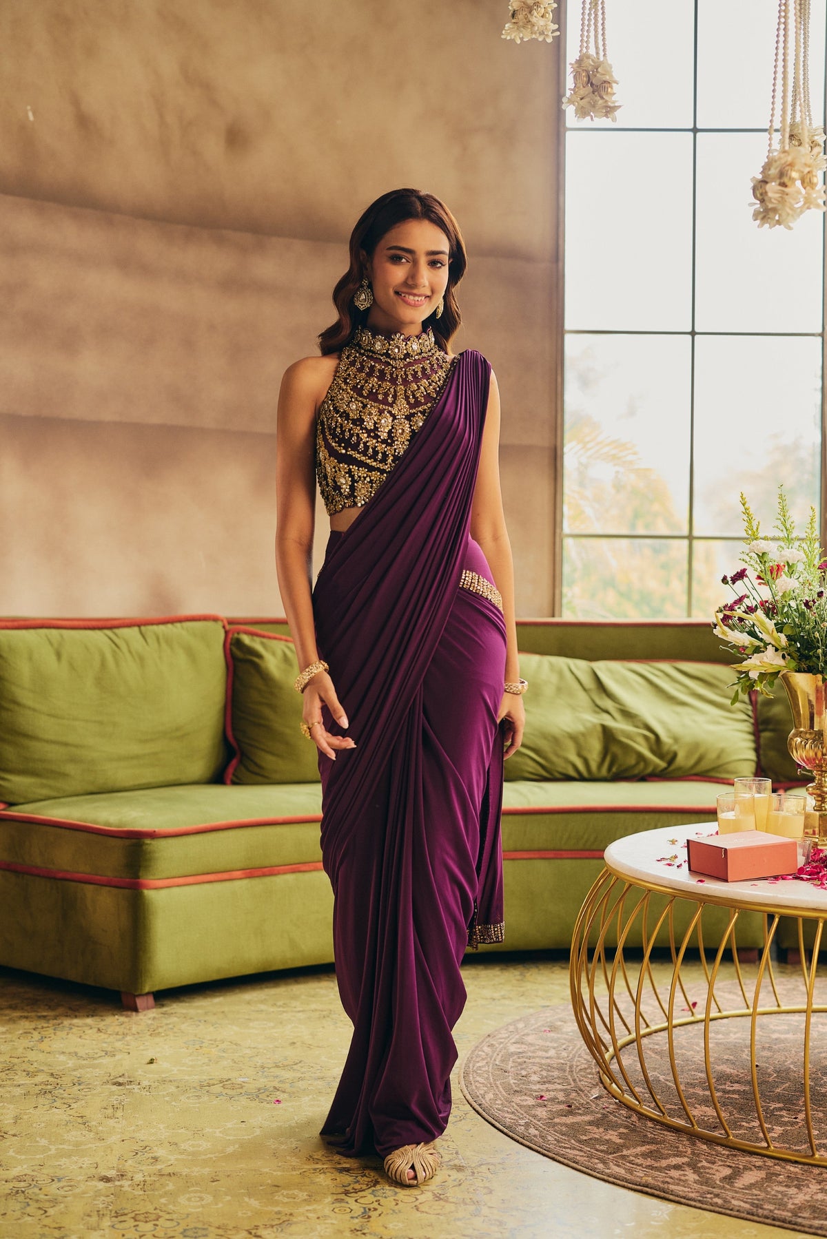 Deep Wine Embellished Tencel Lycra Draped Saree