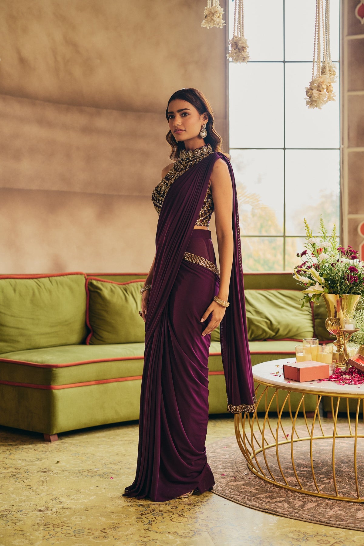 Deep Wine Embellished Tencel Lycra Draped Saree