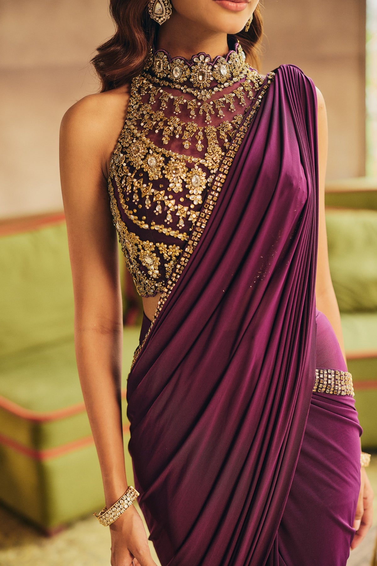 Deep Wine Embellished Tencel Lycra Draped Saree