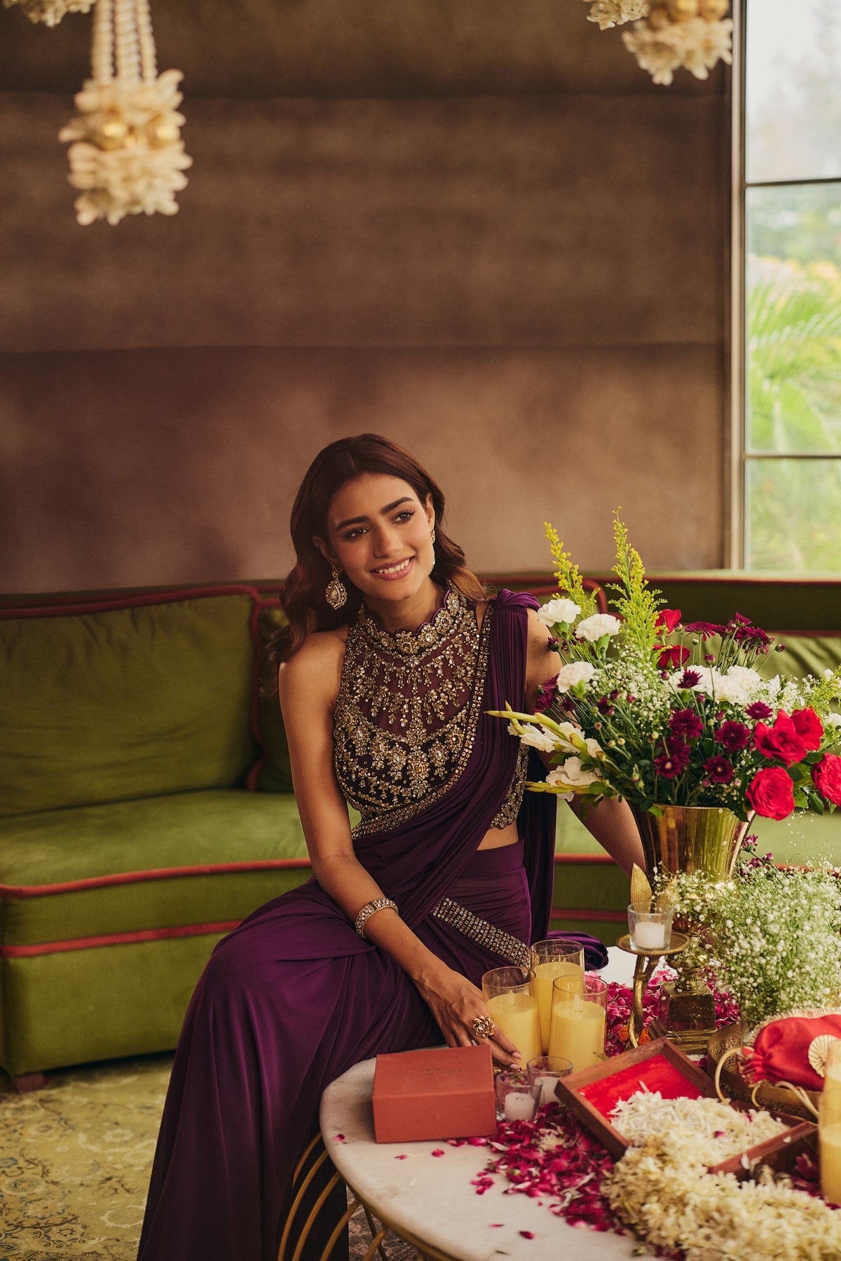 Deep Wine Embellished Tencel Lycra Draped Saree