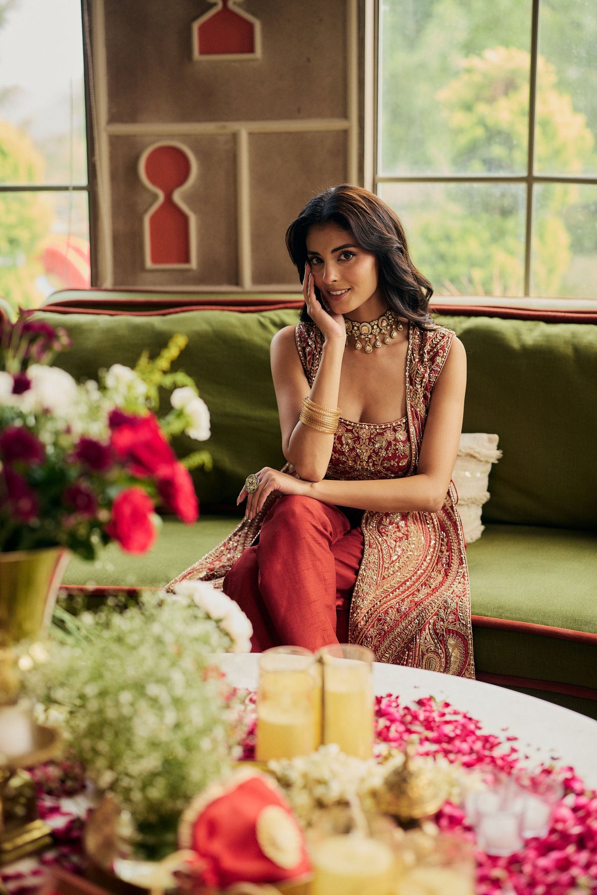 Orange Rust Embellished Raw Silk Palazzo Set