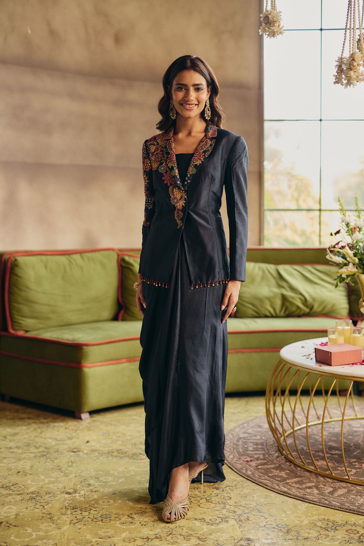Navy Muse Embellished Raw Silk Skirt Set