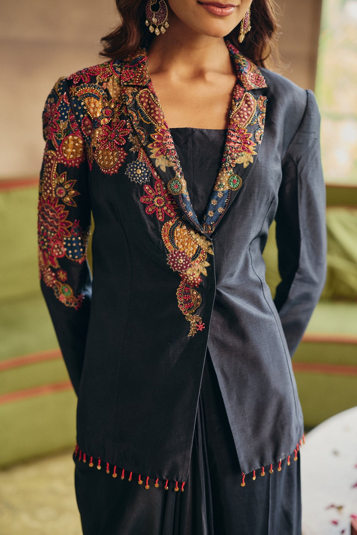 Navy Muse Embellished Raw Silk Skirt Set